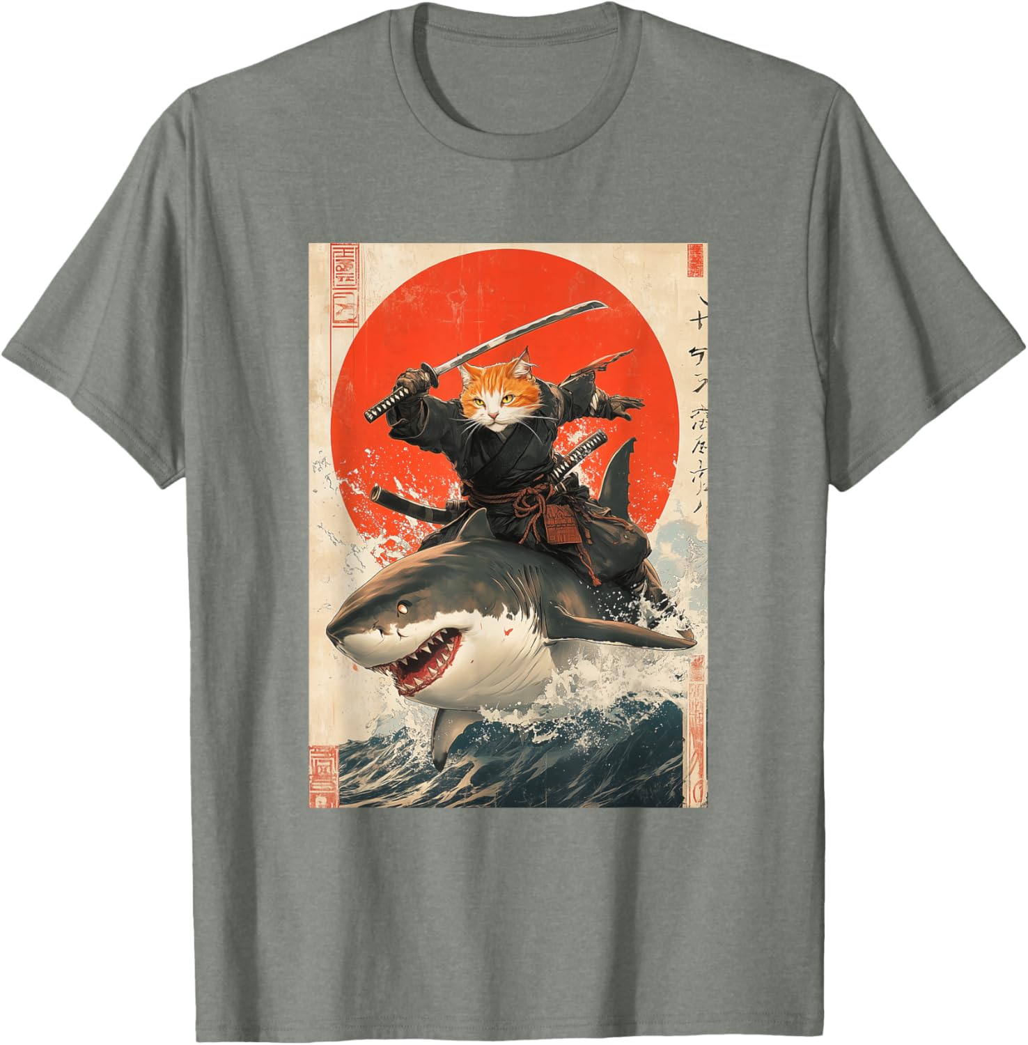 Ninja Cat Riding Shark Graphic Tee Cute Japanese Style T-Shirt for Cat Lovers - 4