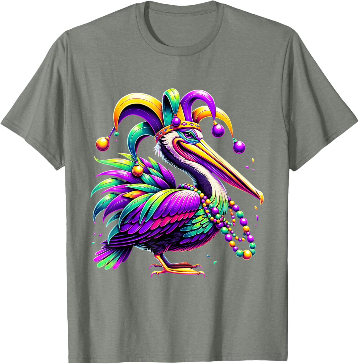 Colorful Mardi Gras Pelican Jester Hat Beads T-Shirt for Festive Fun - 6