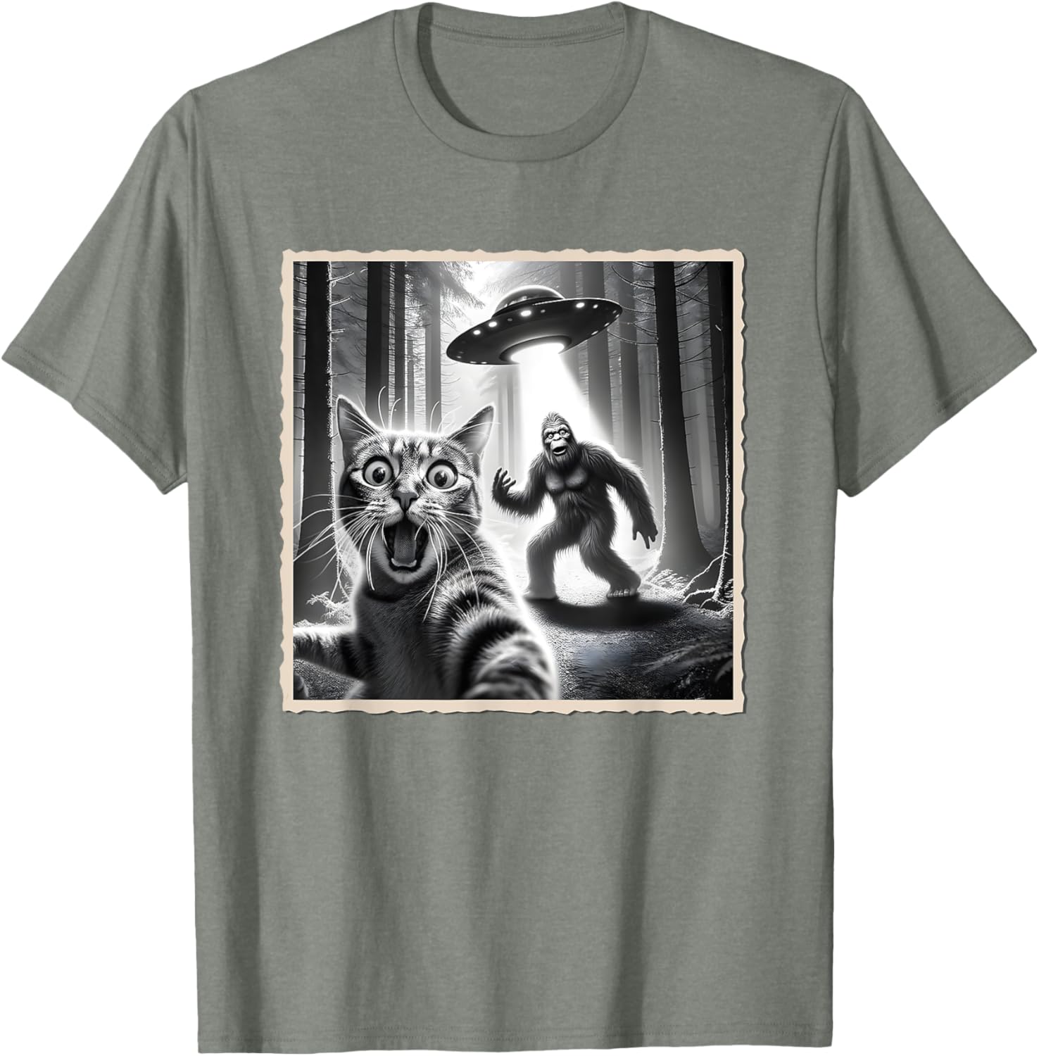 Funny Cat Selfie with Bigfoot and UFO T-Shirt for Animal Lovers - 26