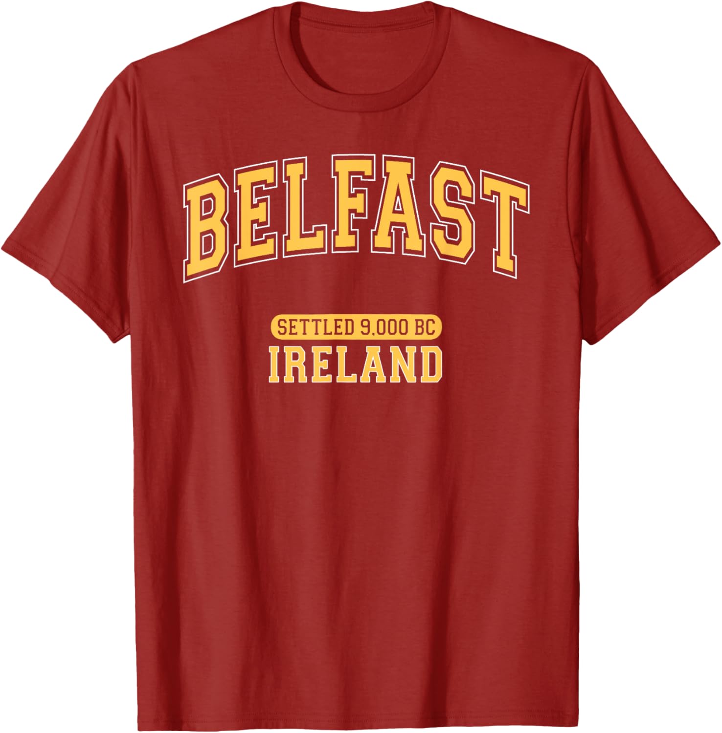 Retro Belfast Ireland 9000 BC Arched Yellow Letters T-Shirt for Trendy Style - 21