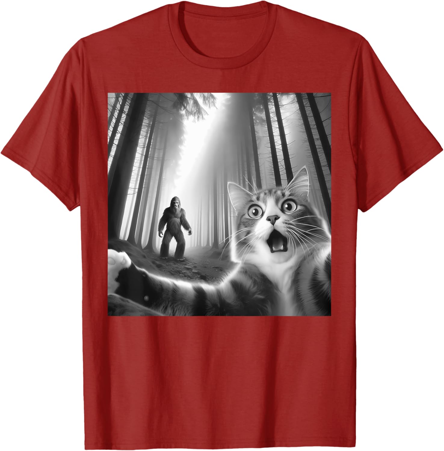 Funny Scared Cat Bigfoot Selfie T-Shirt for Men, Women, and Kids - 28