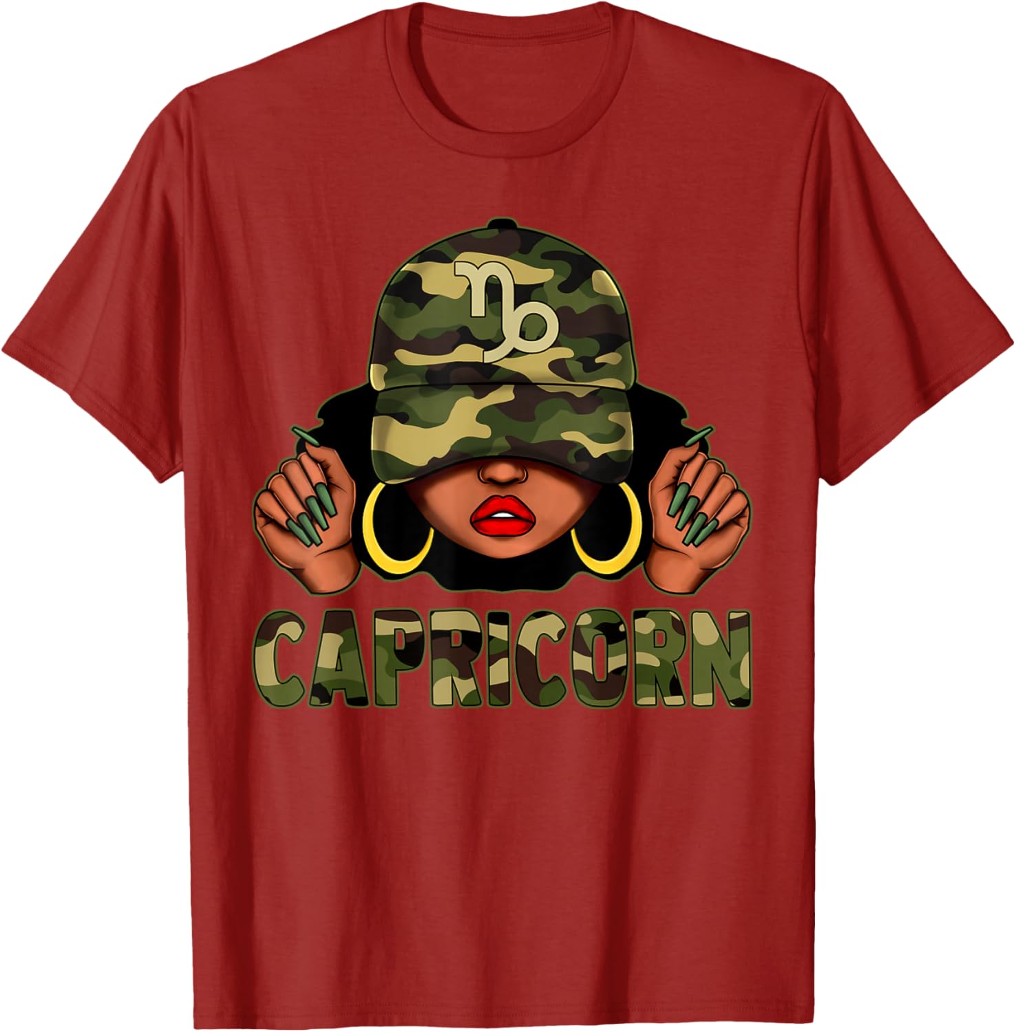 Capricorn Queen Black Woman with Camo Cap Afro Zodiac T-Shirt - 7