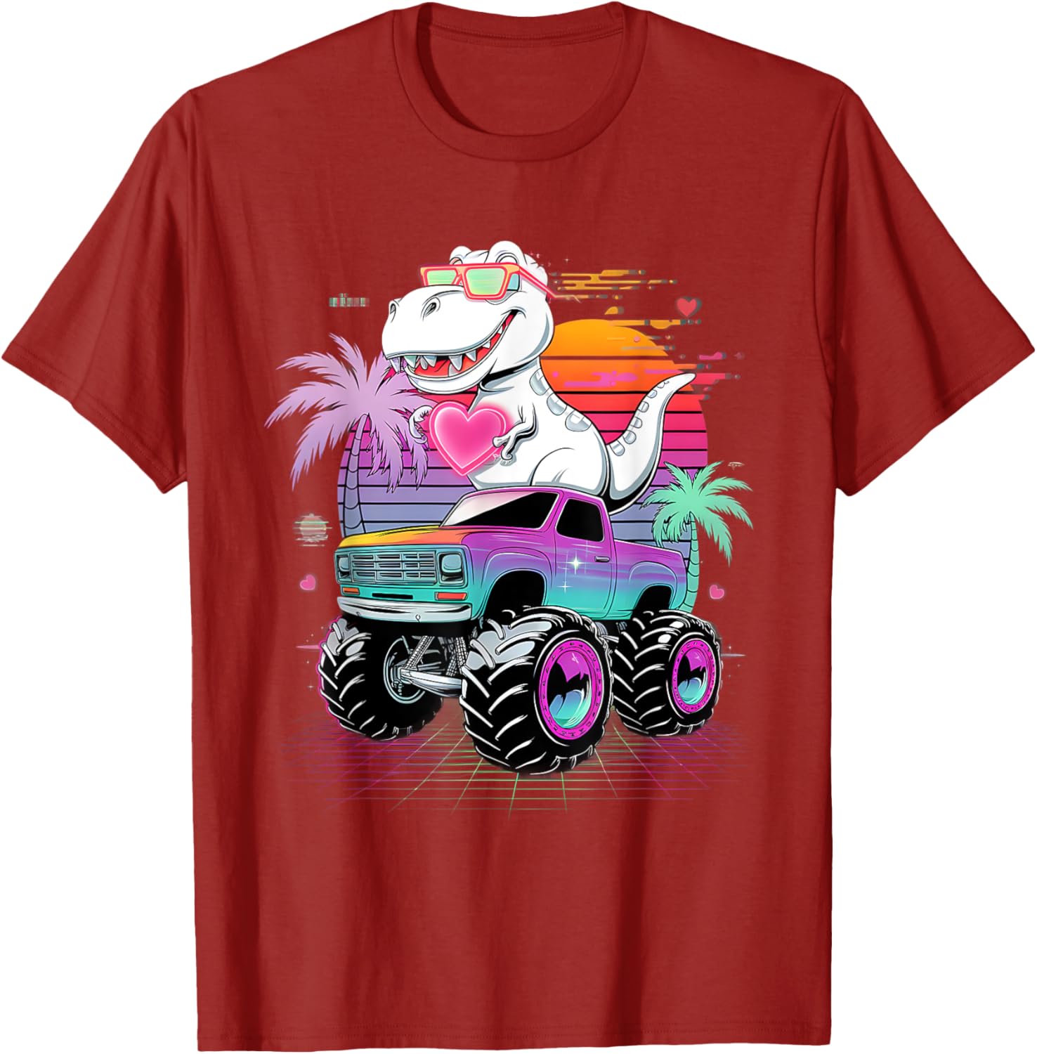 Valentine's Day T-Rex Monster Truck Vaporwave Kids T-Shirt for Boys - 24