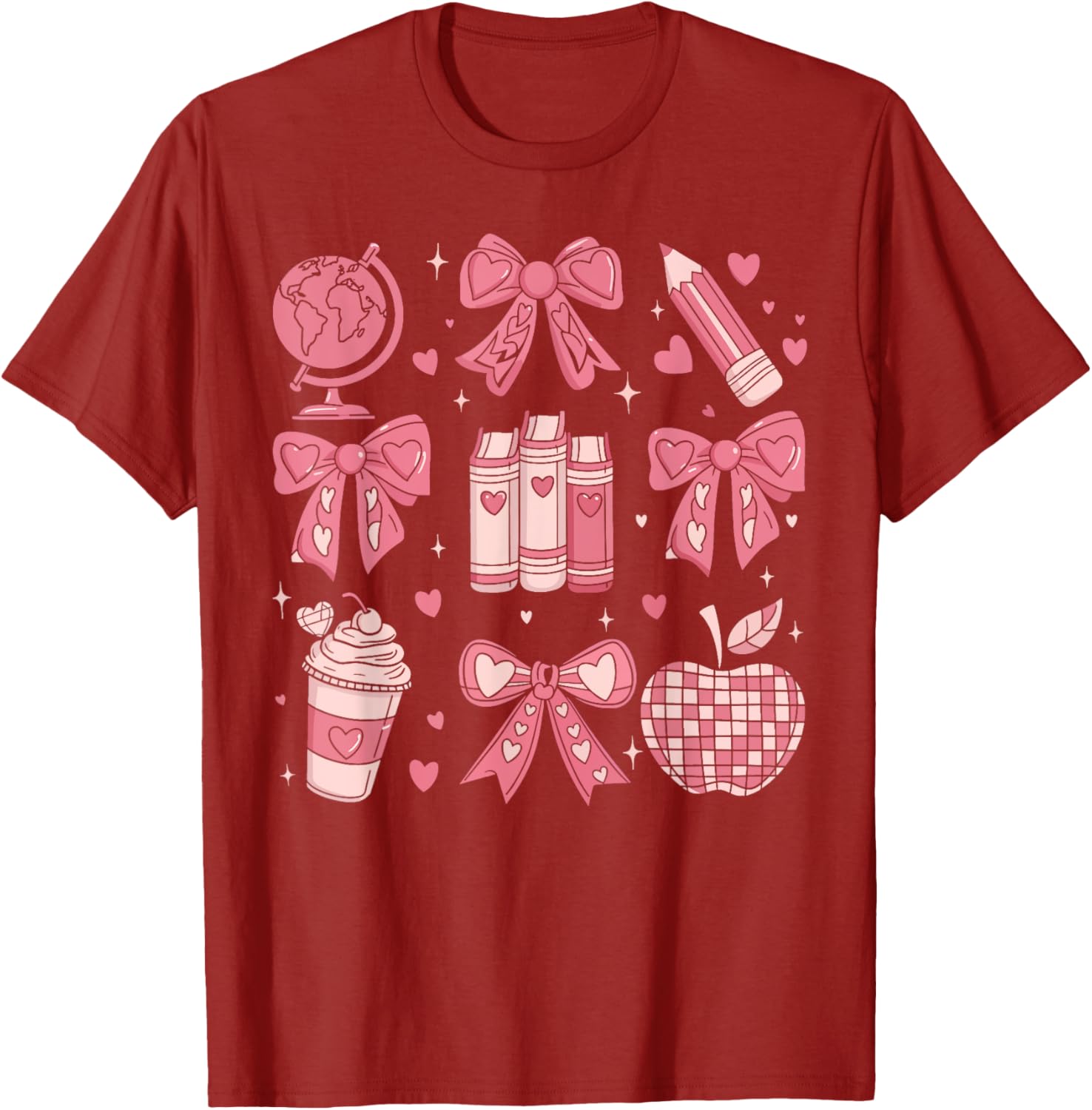 Coquette Bow Apple Book Ribbons Teacher Valentine's Day T-Shirt Gift - 17