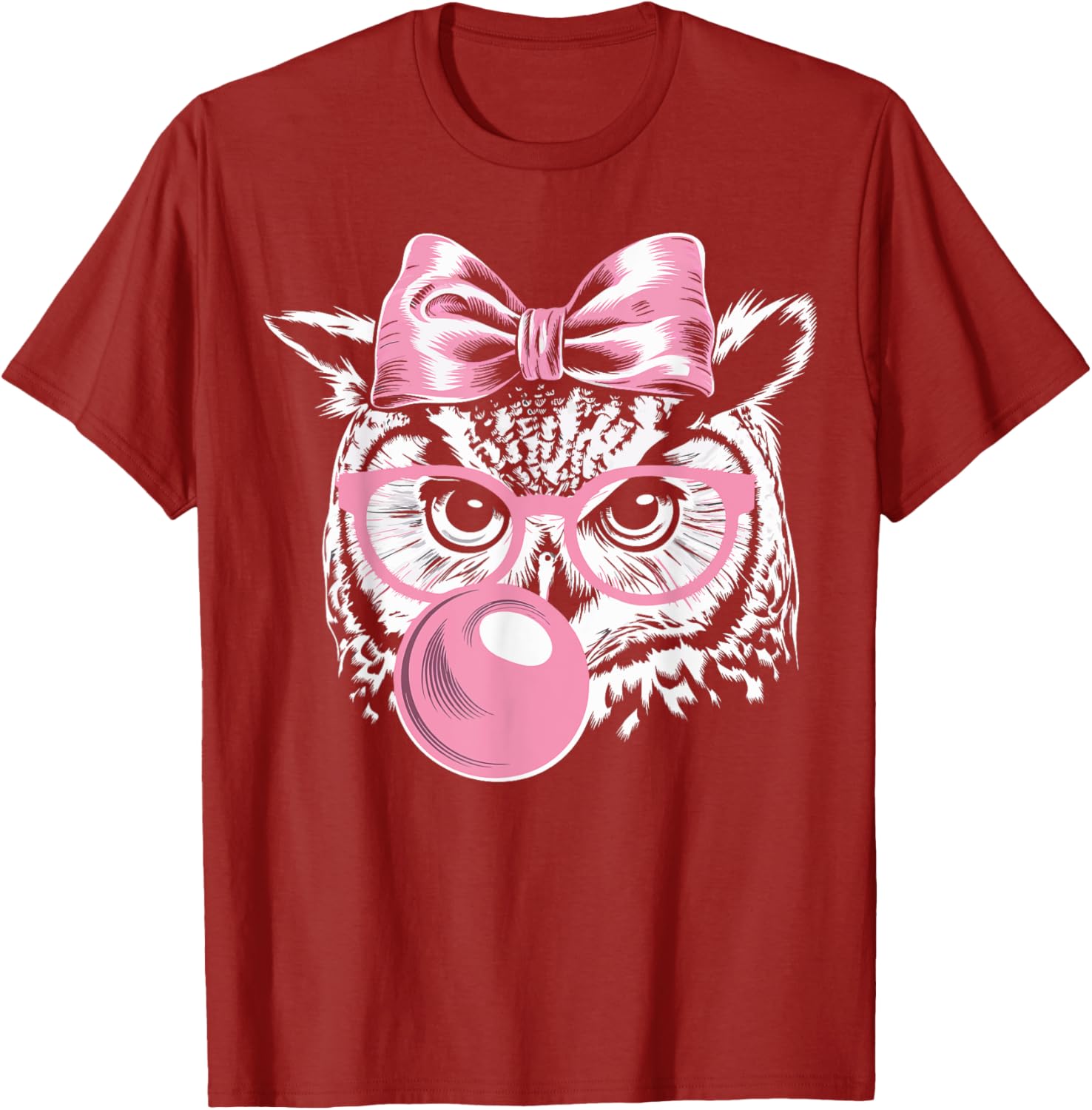 Cute Owl T-Shirt with Glasses Blowing Pink Bubble Gum for Fun Fashion - 7