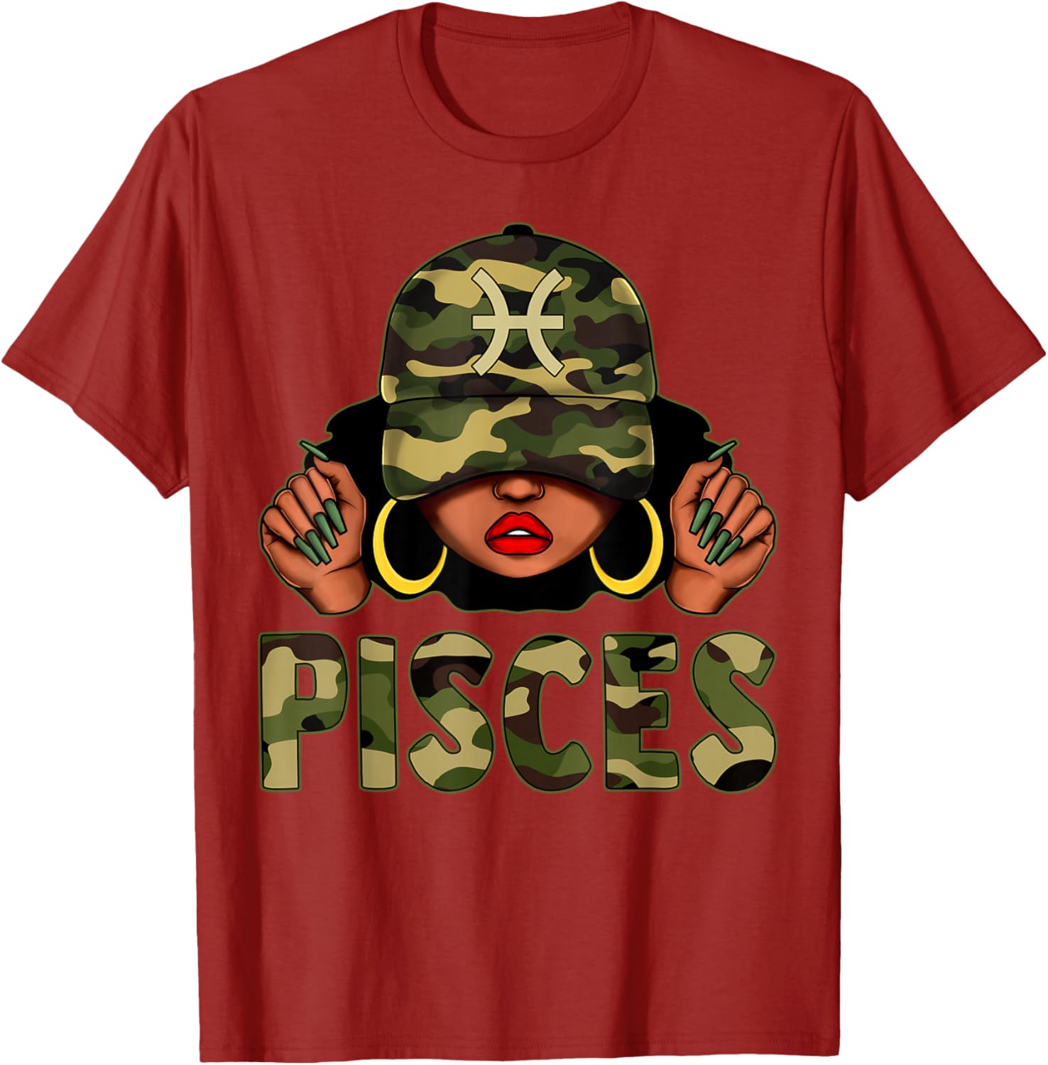 Pisces Queen Camo Cap and Afro Girl Zodiac T-Shirt for Black Women - 16