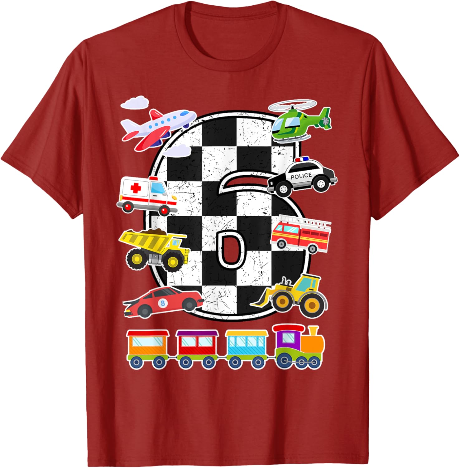 Adorable 6 Year Old Transportation T-Shirt for Boys with Trucks, Cars, Trains & Planes - 7