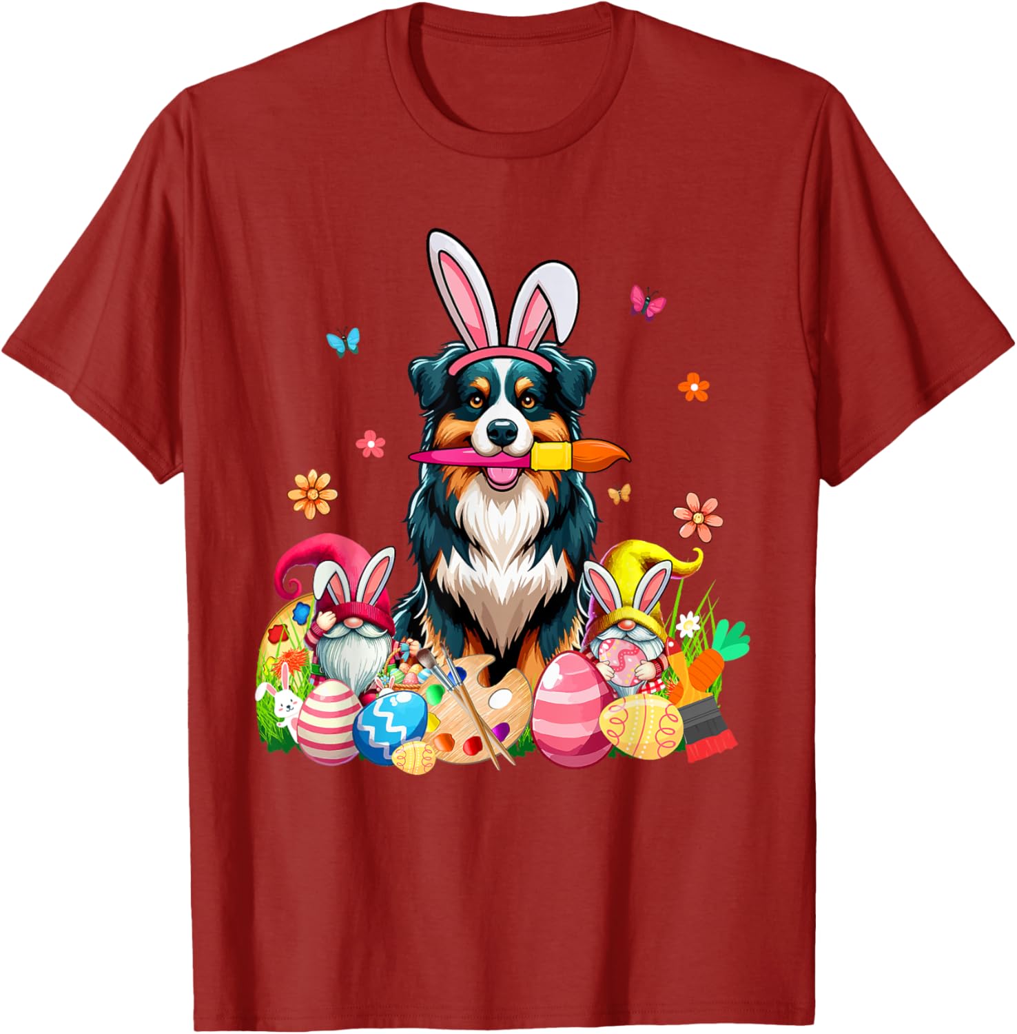 Cute Australian Shepherd Bunny Painting Easter Eggs Gnomes T-Shirt - 7