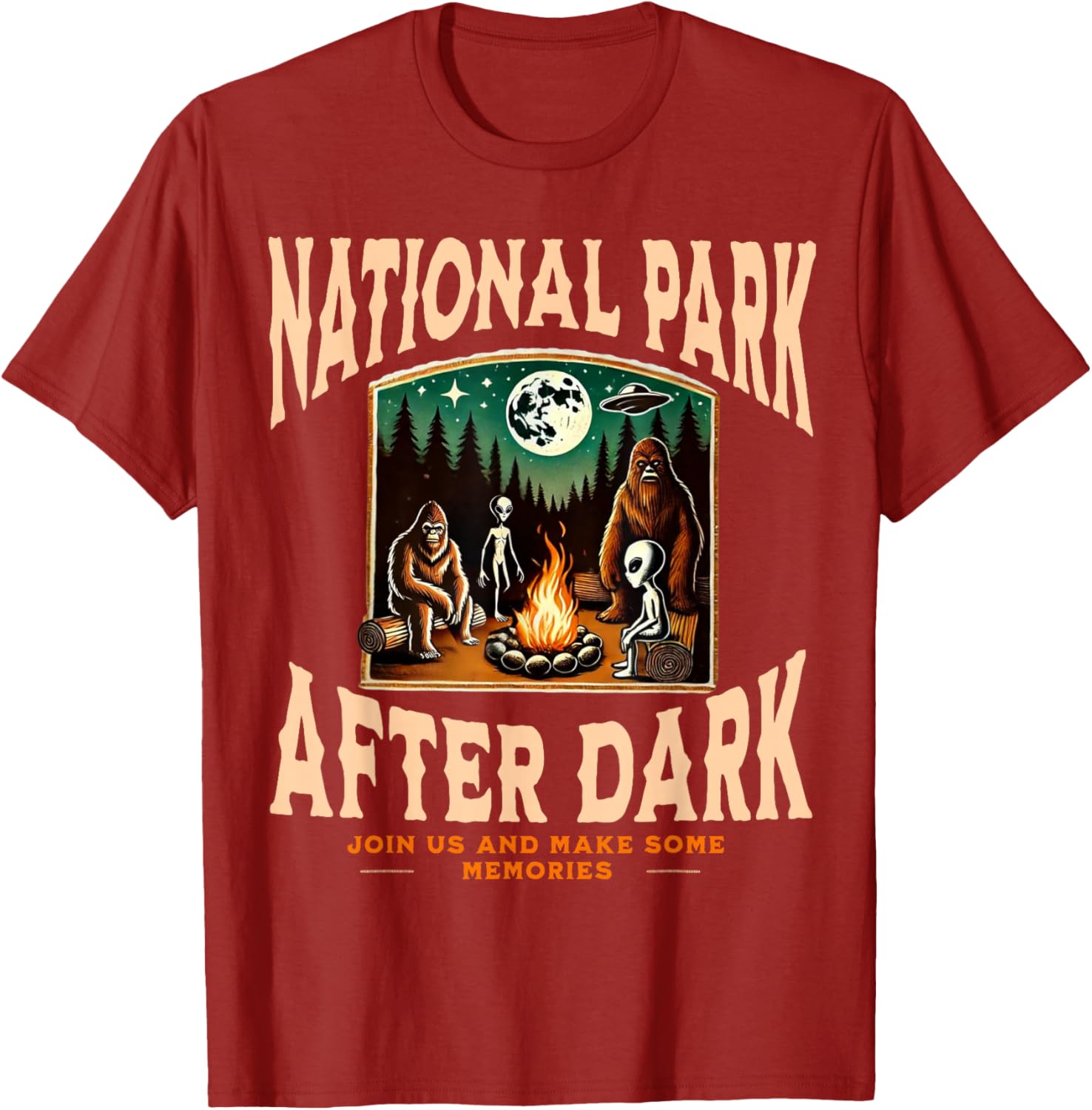 Funny Bigfoot Campfire T-Shirt for National Park Lovers at Night - 11