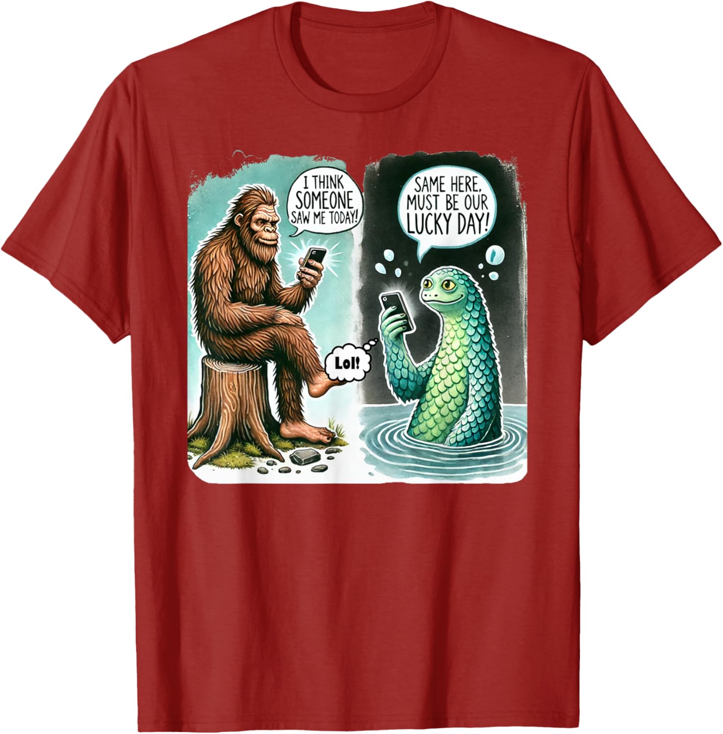 Funny Bigfoot Texting Nessie T-Shirt - I Think Someone Saw Me Today - 2