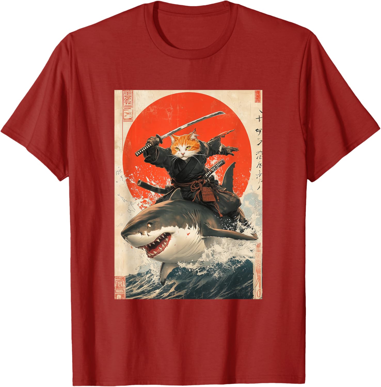 Ninja Cat Riding Shark Graphic Tee Cute Japanese Style T-Shirt for Cat Lovers - 6
