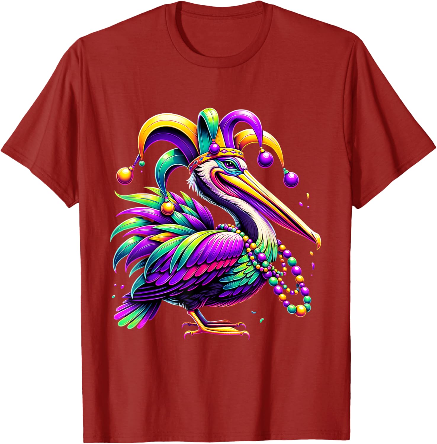 Colorful Mardi Gras Pelican Jester Hat Beads T-Shirt for Festive Fun - 12
