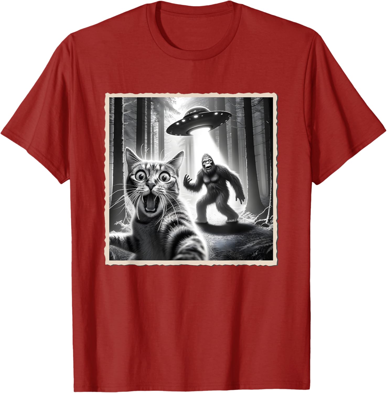 Funny Cat Selfie with Bigfoot and UFO T-Shirt for Animal Lovers - 6