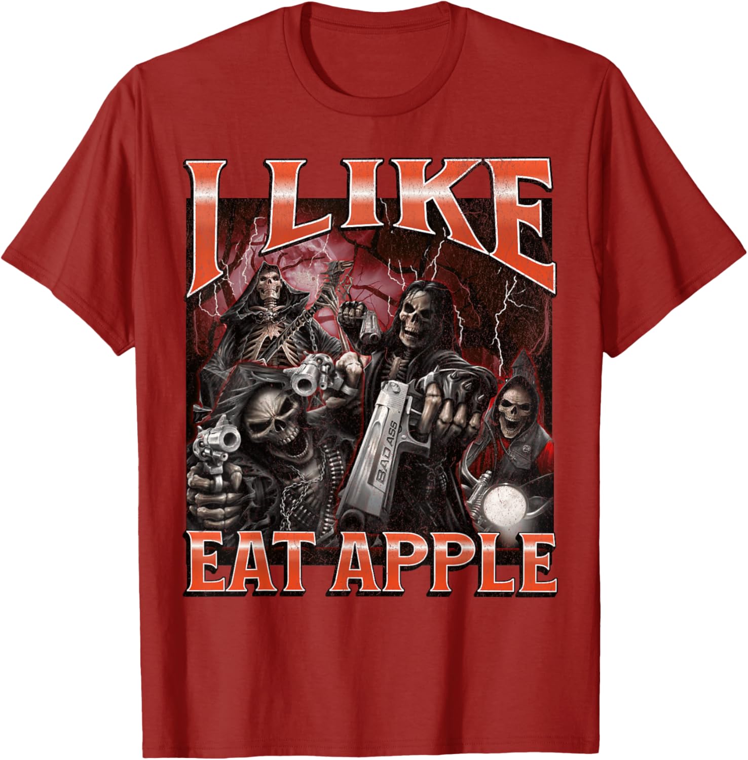 Funny I Like Eat Apple Skeleton Meme Graphic T-Shirt for Casual Wear - 2