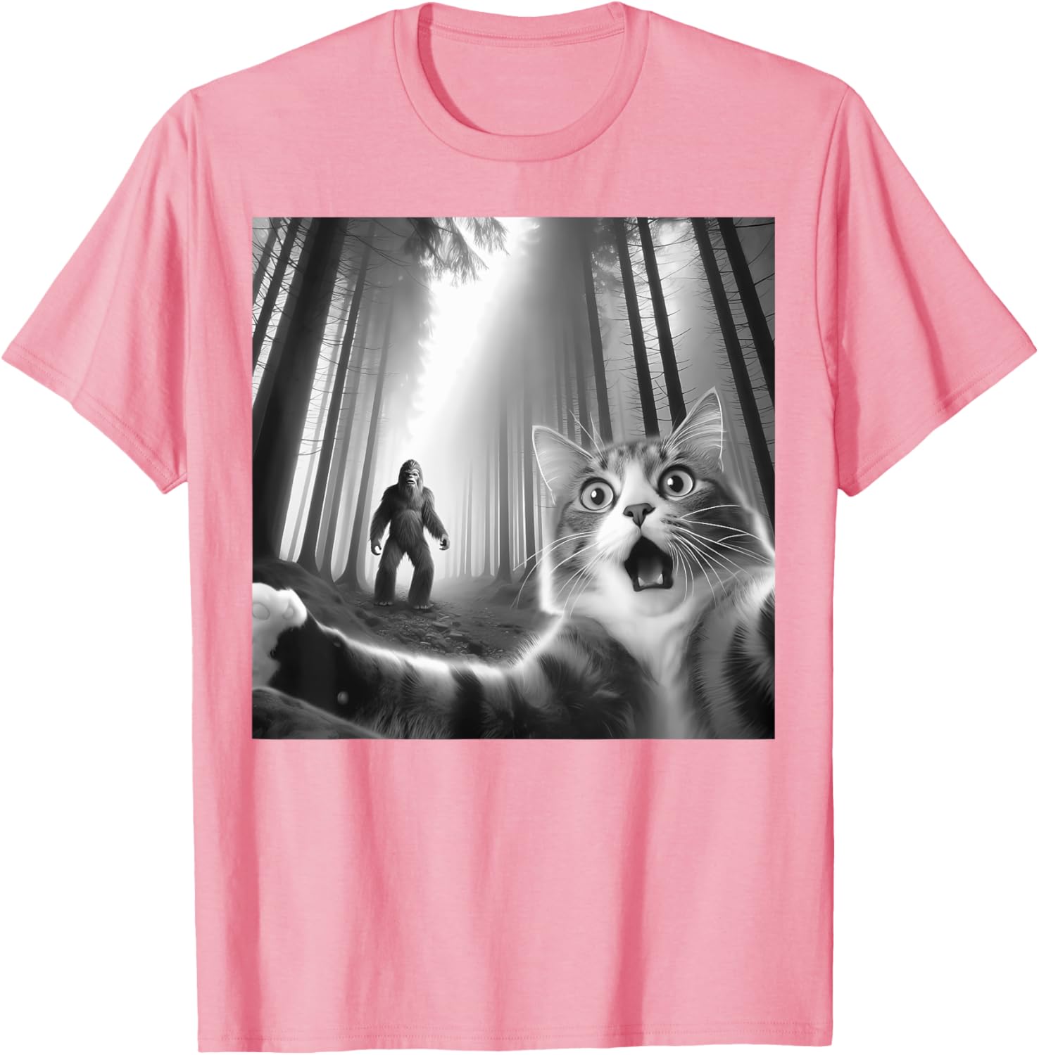 Funny Scared Cat Bigfoot Selfie T-Shirt for Men, Women, and Kids - 24