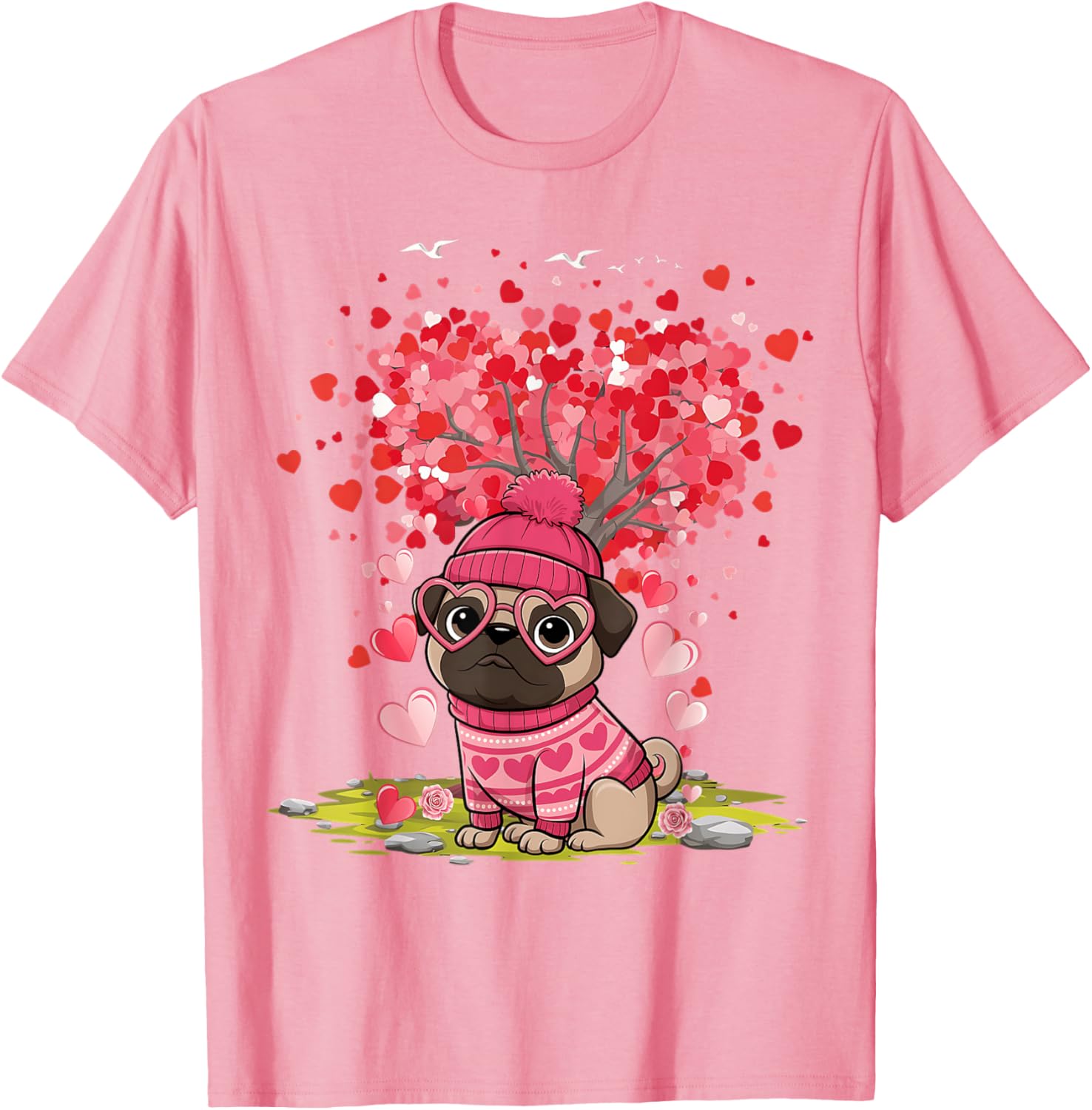 Pug Heart Tree Tee - Adorable Dog Lover Valentine's Day T-Shirt - 19