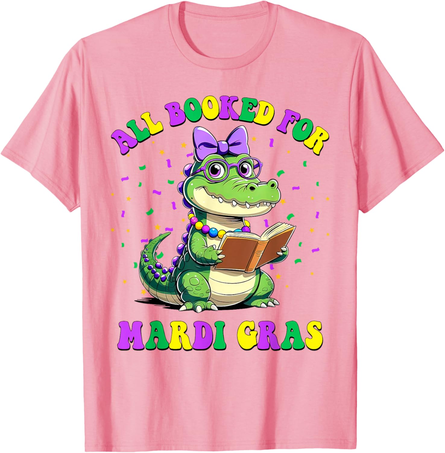 Mardi Gras Crocodile Teacher T-Shirt for Book Lovers and Readers - 1