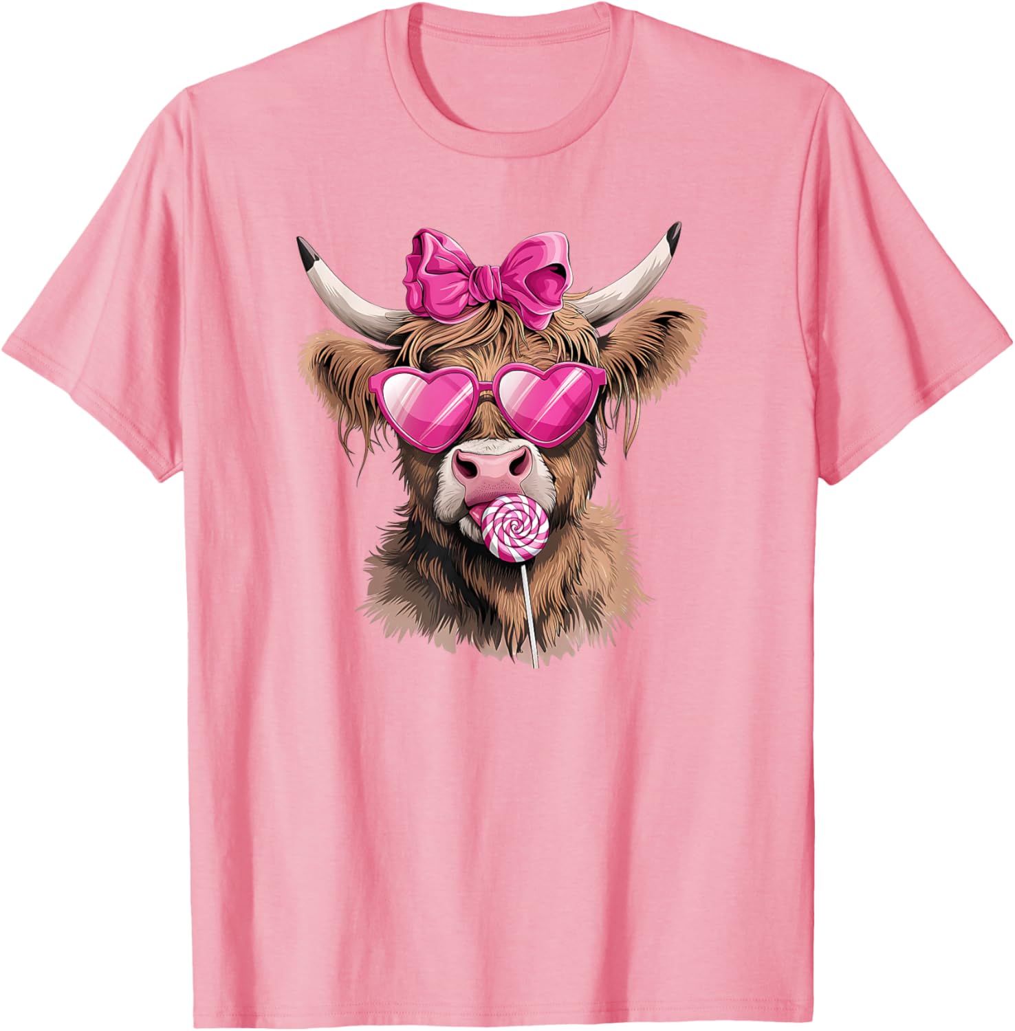 Adorable Highland Cow Valentine's Day T-Shirt with Bow and Sunglasses - 2