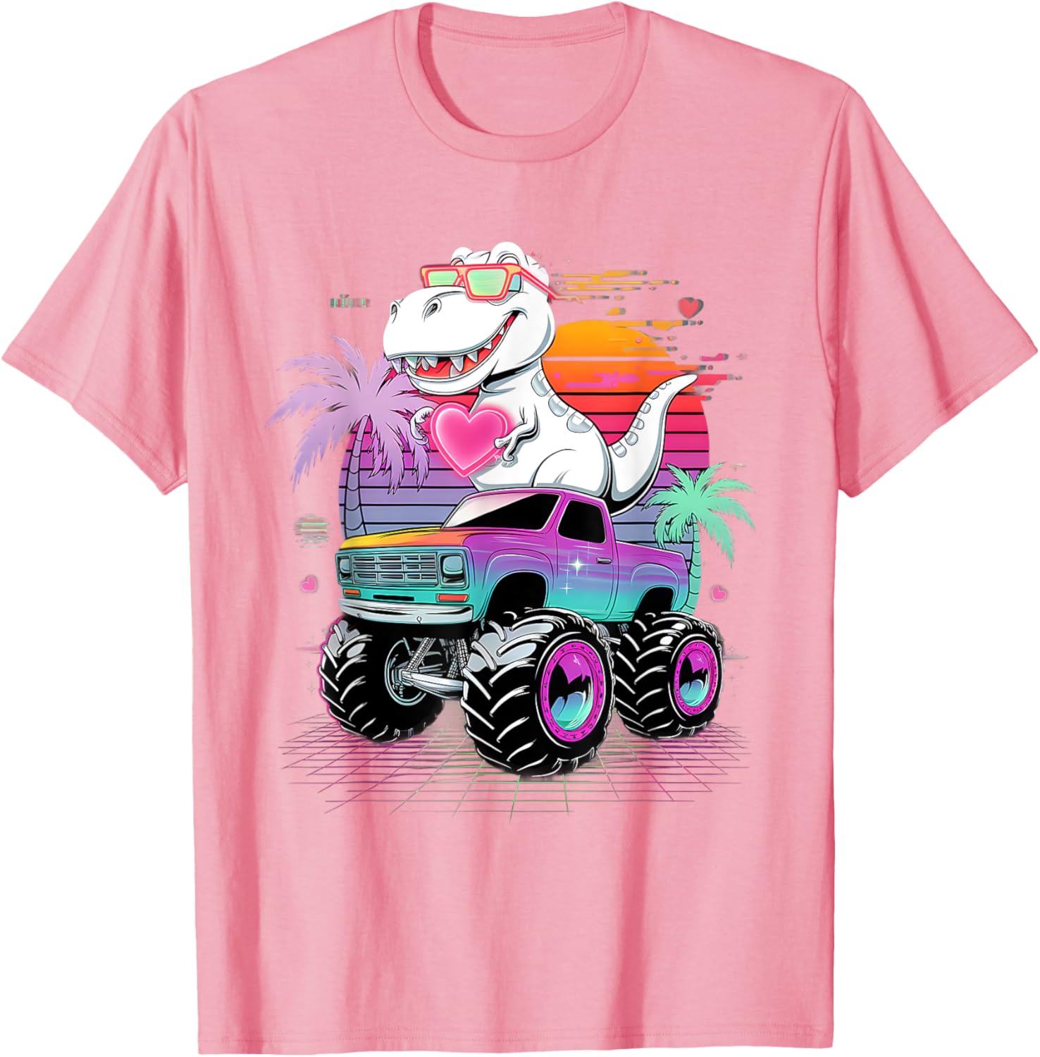 Valentine's Day T-Rex Monster Truck Vaporwave Kids T-Shirt for Boys - 27