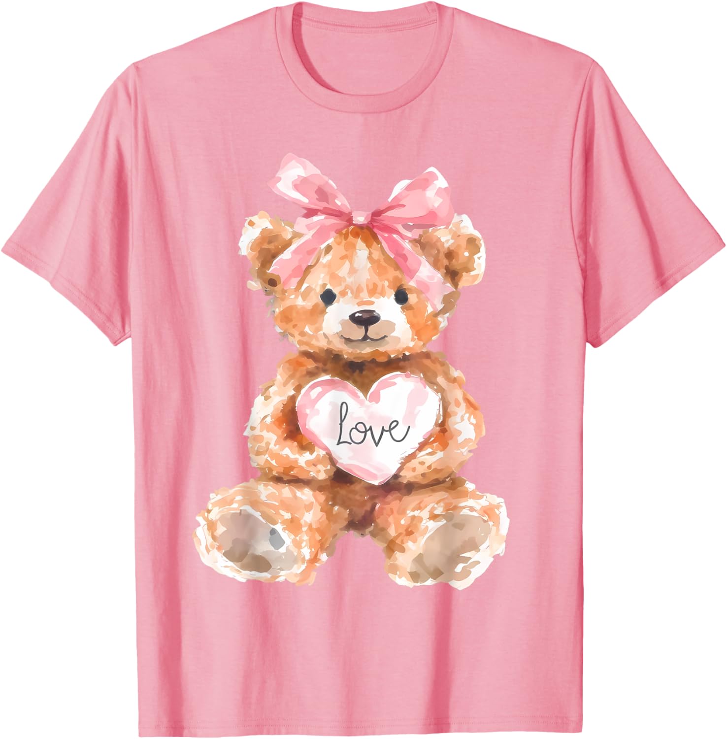 Watercolor Bear with Pink Bow Cute Valentine T-Shirt for Women and Girls - 11