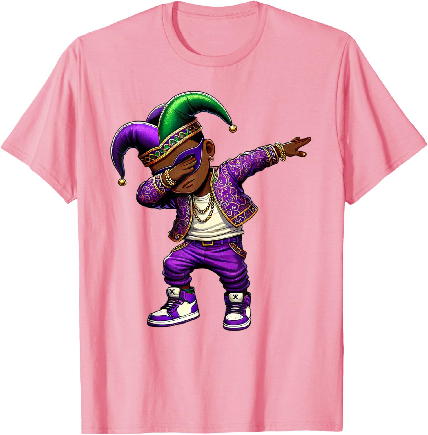 Funny Mardi Gras Jester Hat T-Shirt for Black Kids - Dabbing Boy Design - 1
