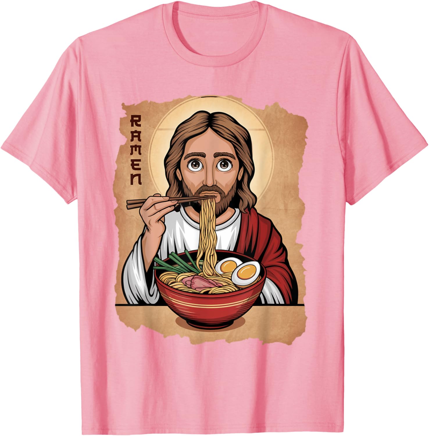 Cute Jesus Eating Ramen Noodles T-Shirt with Ocean Waves Japanese Art - 17
