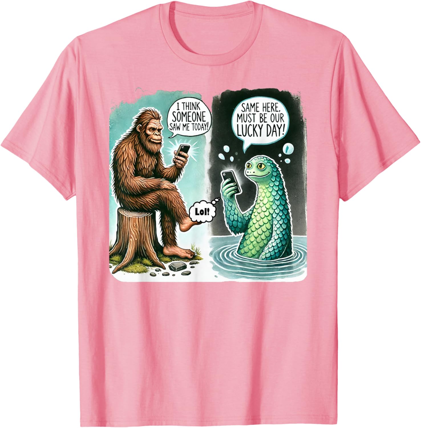 Funny Bigfoot Texting Nessie T-Shirt - I Think Someone Saw Me Today - 19