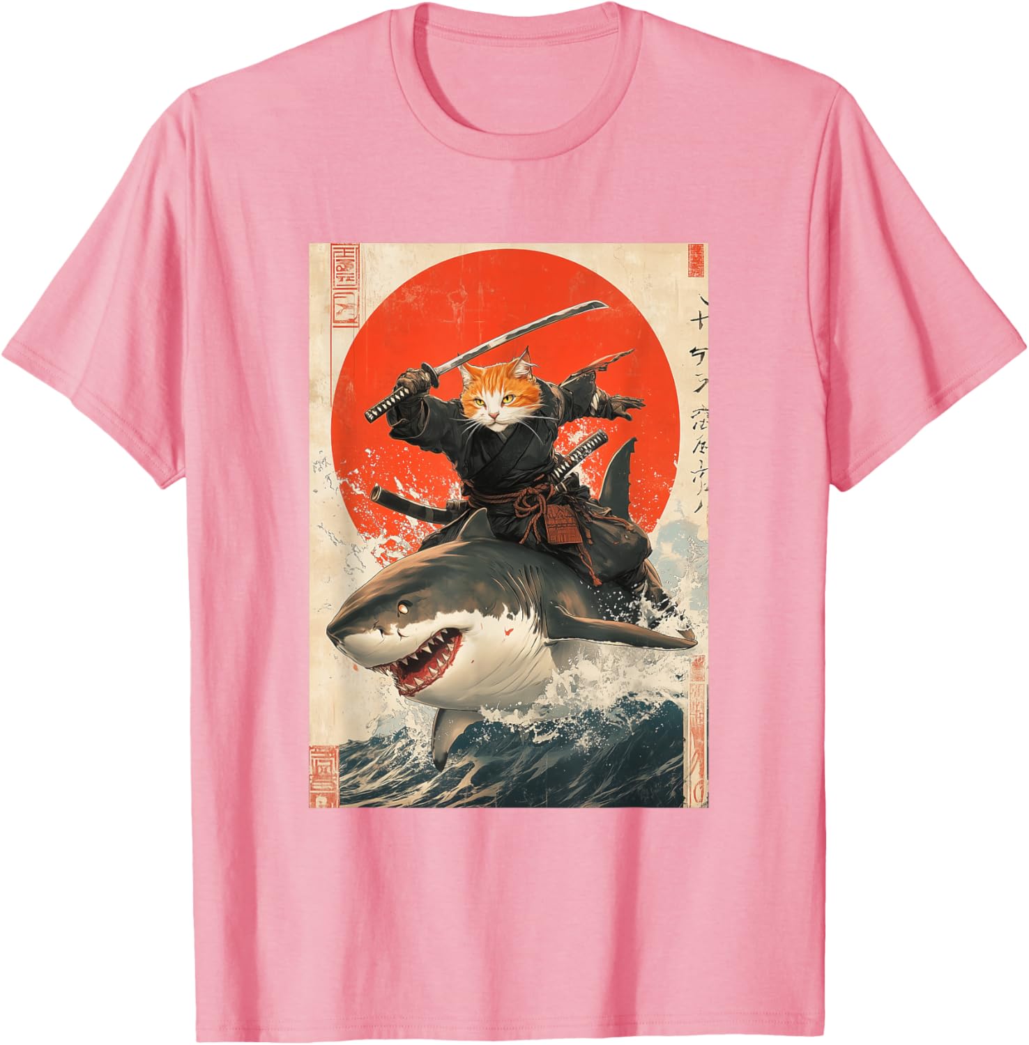 Ninja Cat Riding Shark Graphic Tee Cute Japanese Style T-Shirt for Cat Lovers - 26