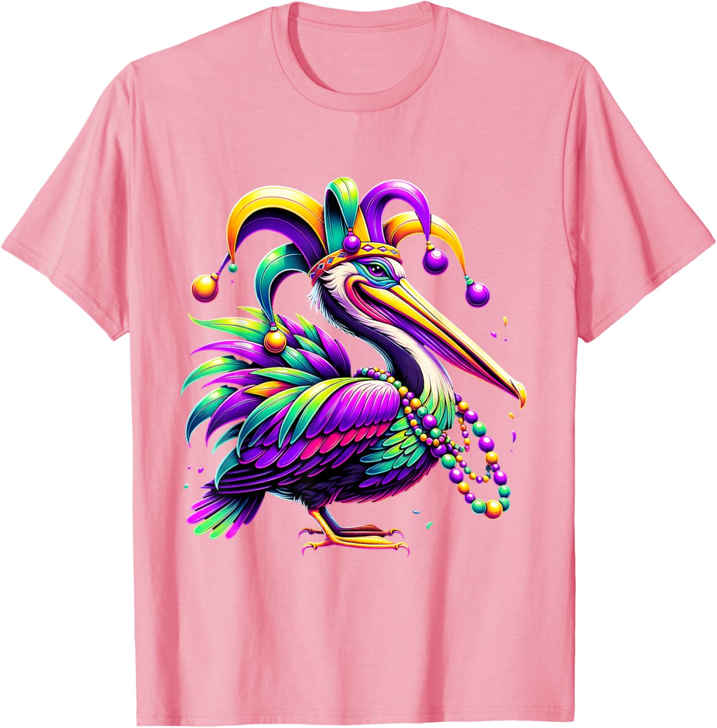 Colorful Mardi Gras Pelican Jester Hat Beads T-Shirt for Festive Fun - 10