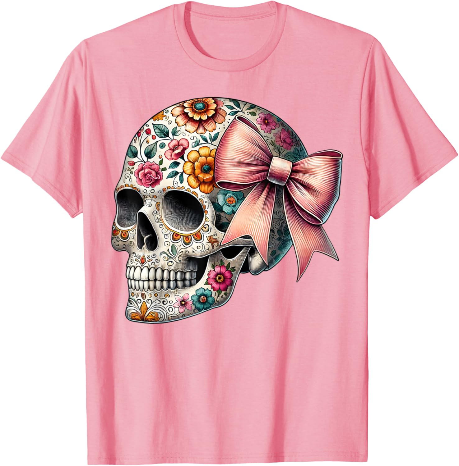 Floral Sugar Skull T-Shirt for Girls and Women - Stylish Flower Design - 7