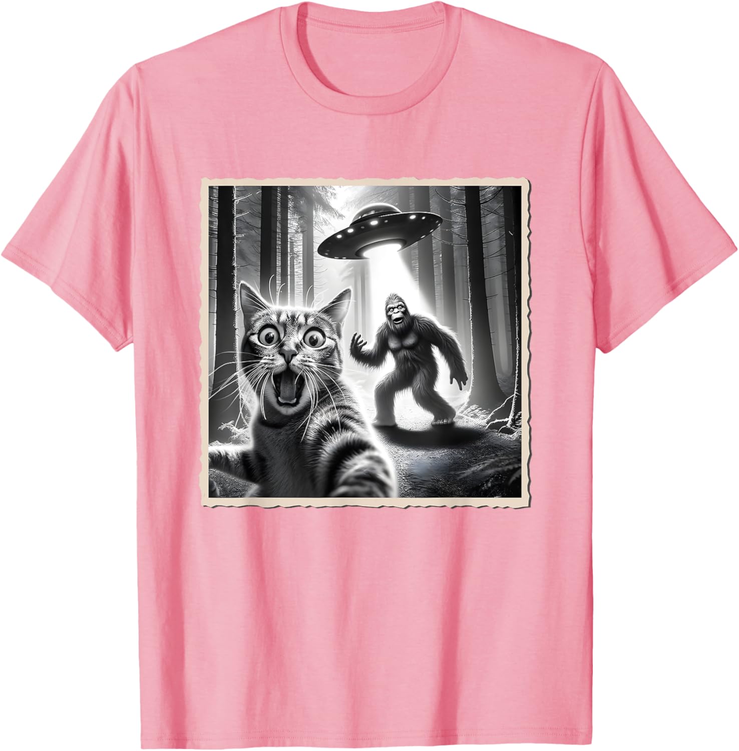 Funny Cat Selfie with Bigfoot and UFO T-Shirt for Animal Lovers - 5