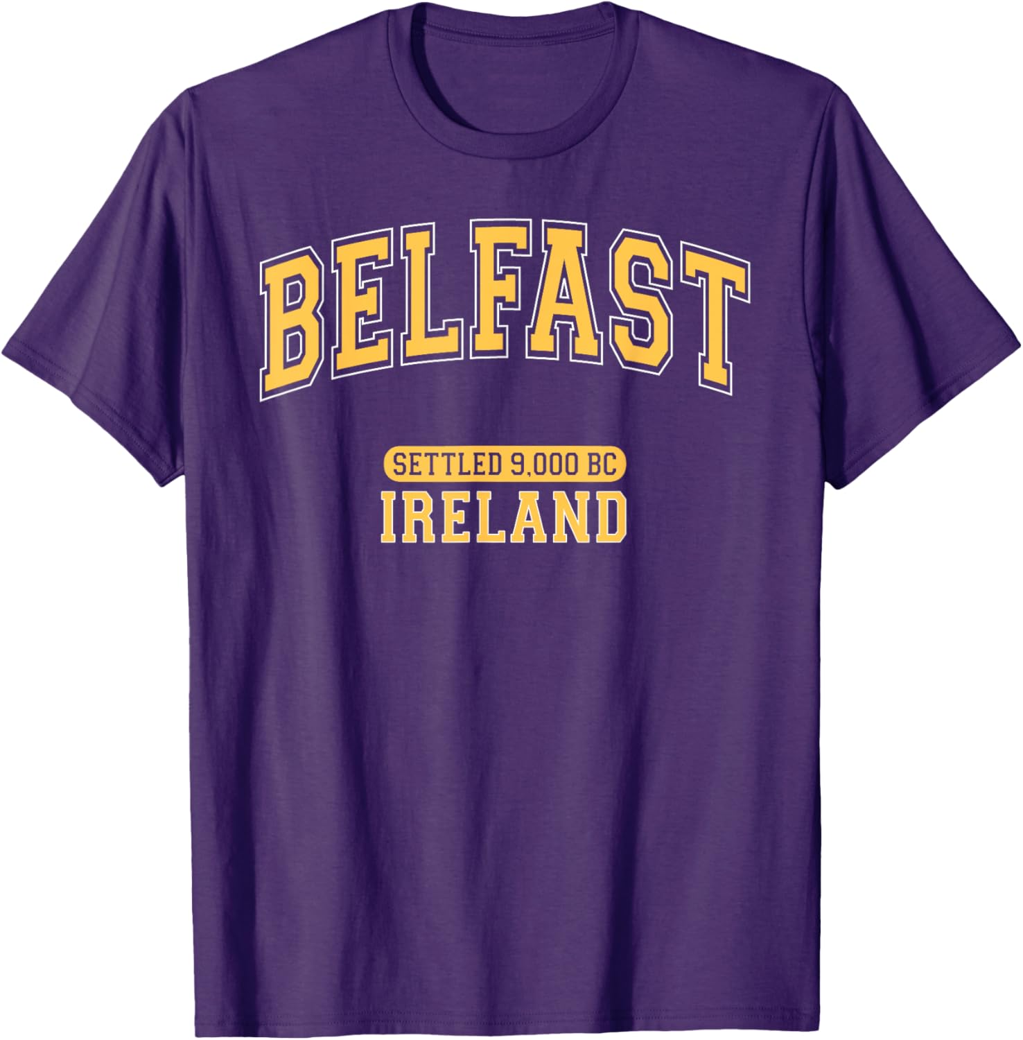 Retro Belfast Ireland 9000 BC Arched Yellow Letters T-Shirt for Trendy Style - 15