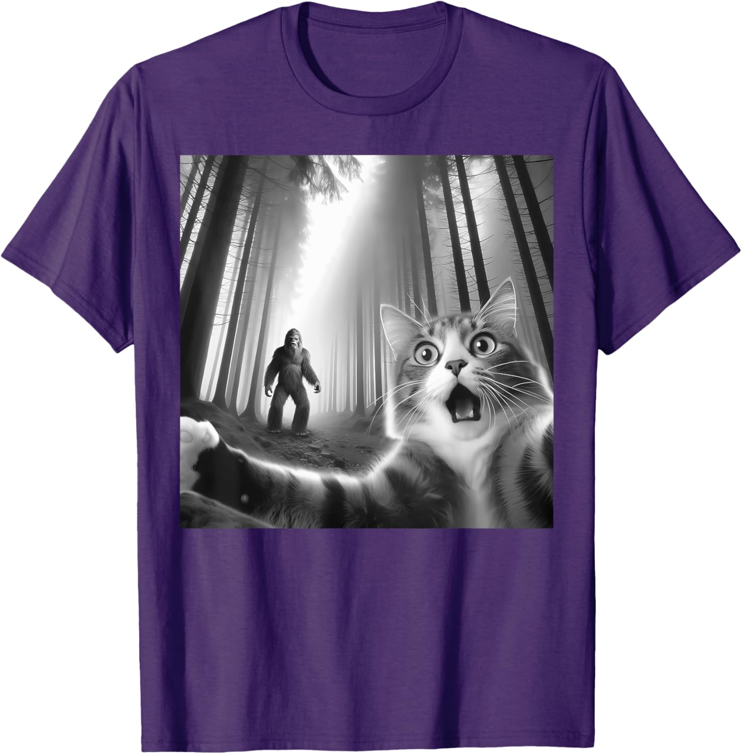 Funny Scared Cat Bigfoot Selfie T-Shirt for Men, Women, and Kids - 19