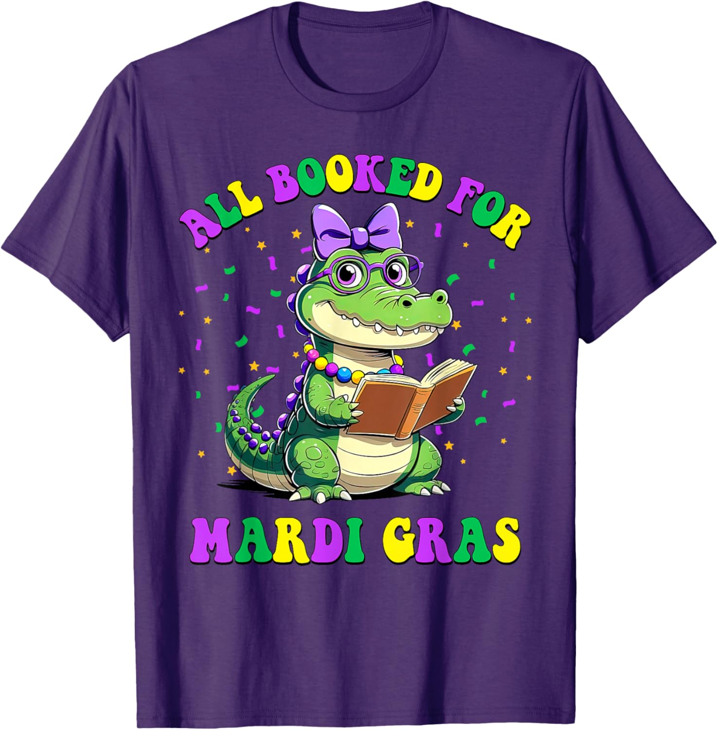 Mardi Gras Crocodile Teacher T-Shirt for Book Lovers and Readers - 7
