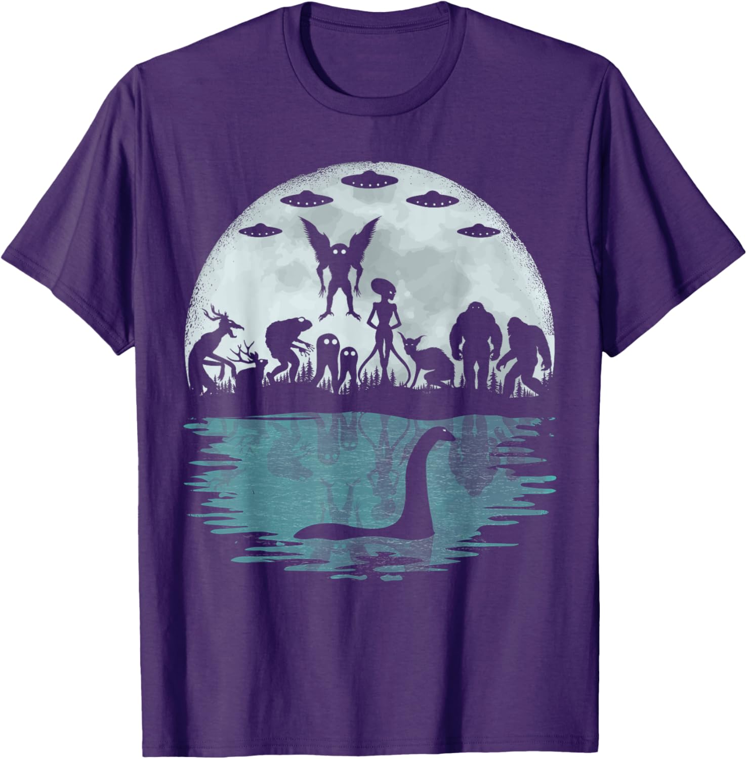 Funny Cryptid T-Shirt featuring Bigfoot Nessie Mothman and Aliens - 8