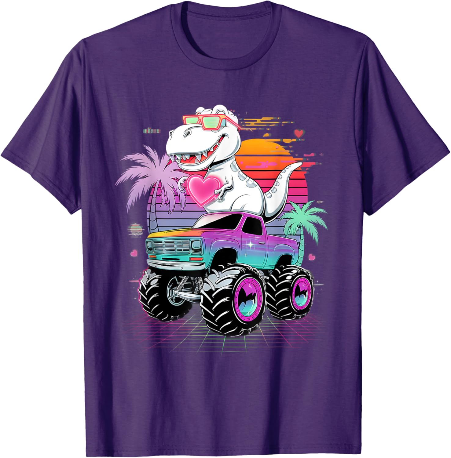 Valentine's Day T-Rex Monster Truck Vaporwave Kids T-Shirt for Boys - 1