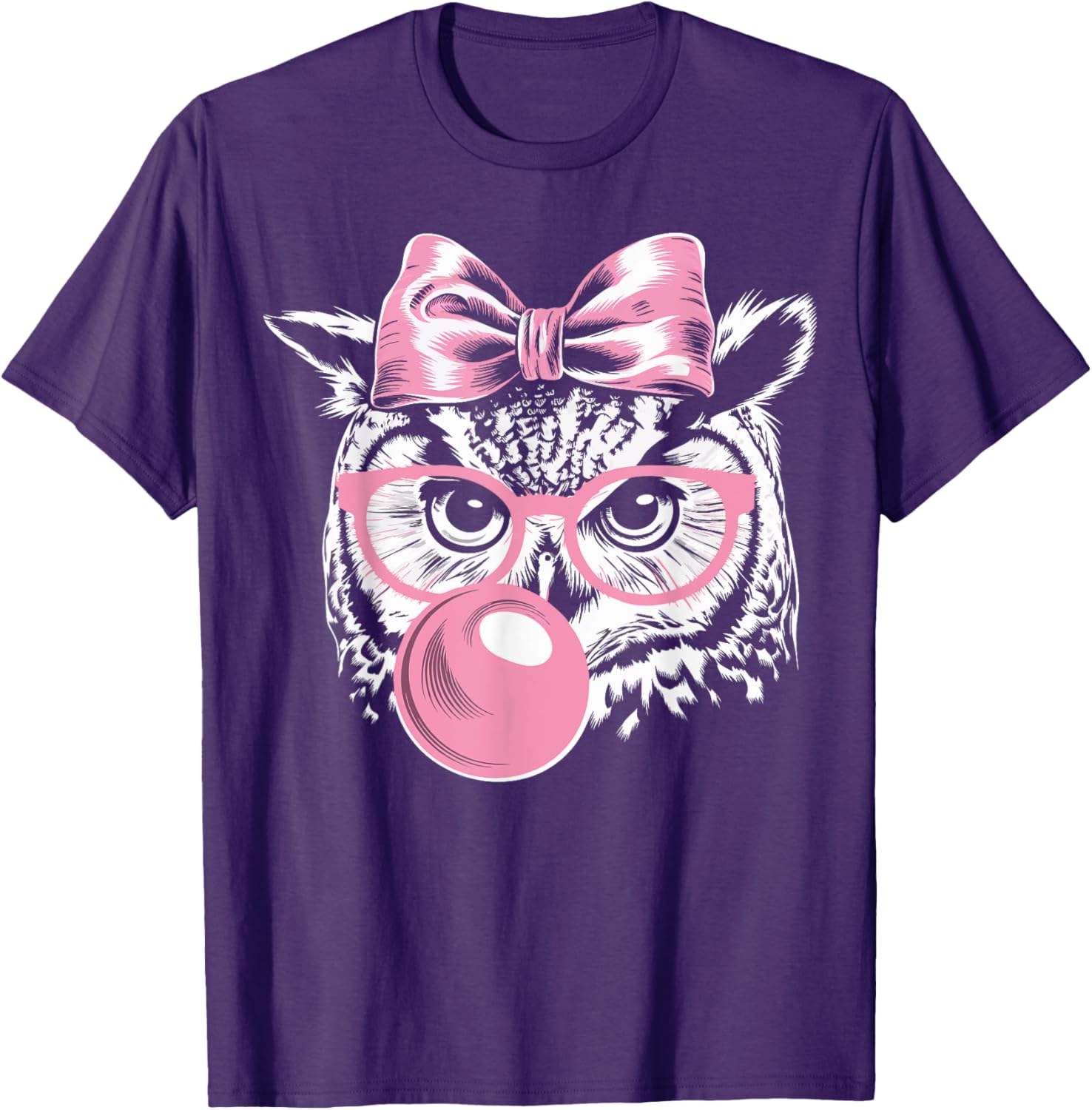 Cute Owl T-Shirt with Glasses Blowing Pink Bubble Gum for Fun Fashion - 9