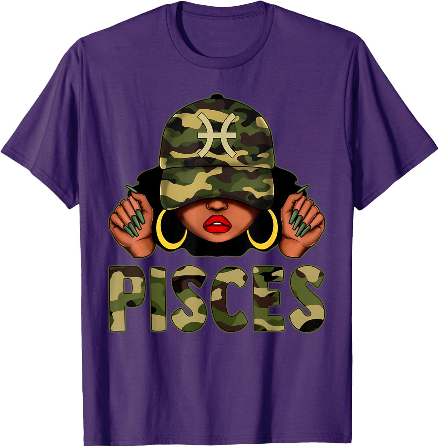 Pisces Queen Camo Cap and Afro Girl Zodiac T-Shirt for Black Women - 8