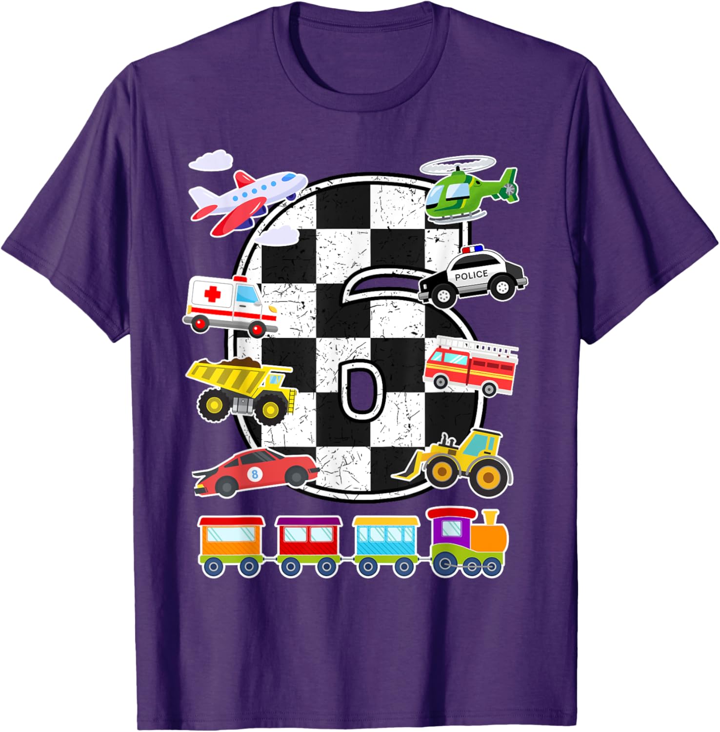 Adorable 6 Year Old Transportation T-Shirt for Boys with Trucks, Cars, Trains & Planes - 1