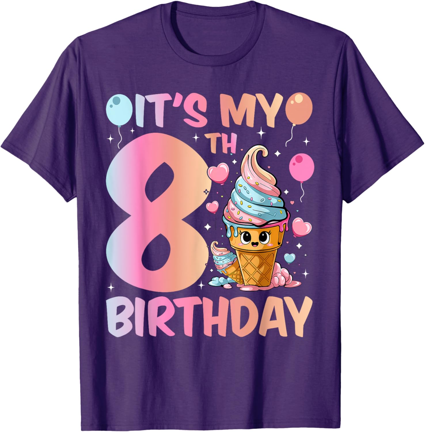 Cute Ice Cream Number 8 T-Shirt for Girls 8th Birthday Celebration - 10