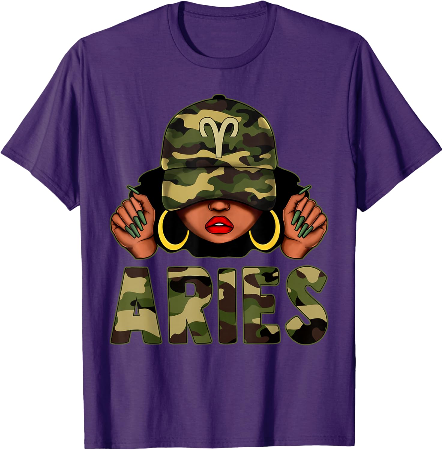 Aries Queen Black Woman Wearing Camo Cap Afro Zodiac T-Shirt - 18