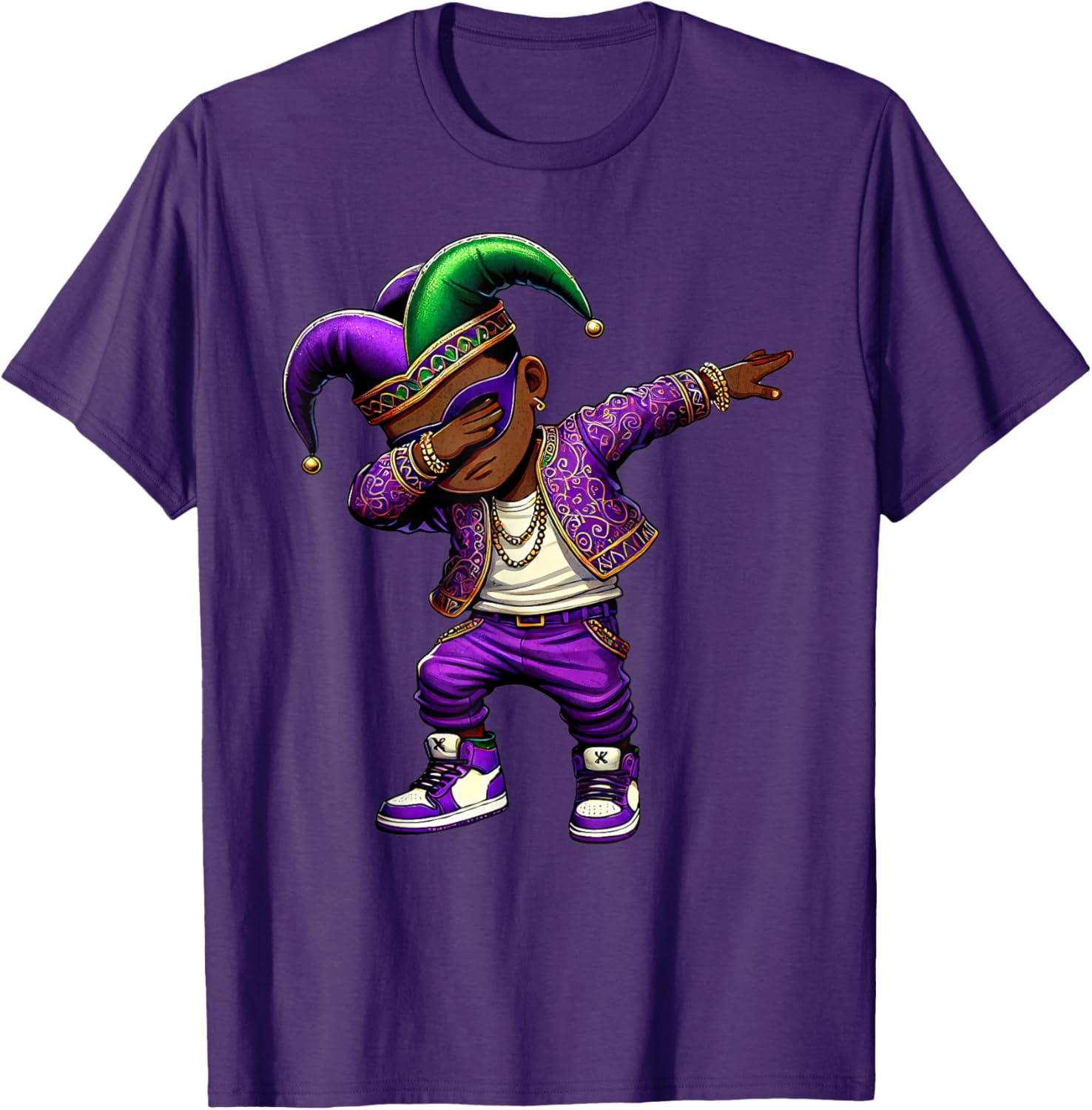 Funny Mardi Gras Jester Hat T-Shirt for Black Kids - Dabbing Boy Design - 4