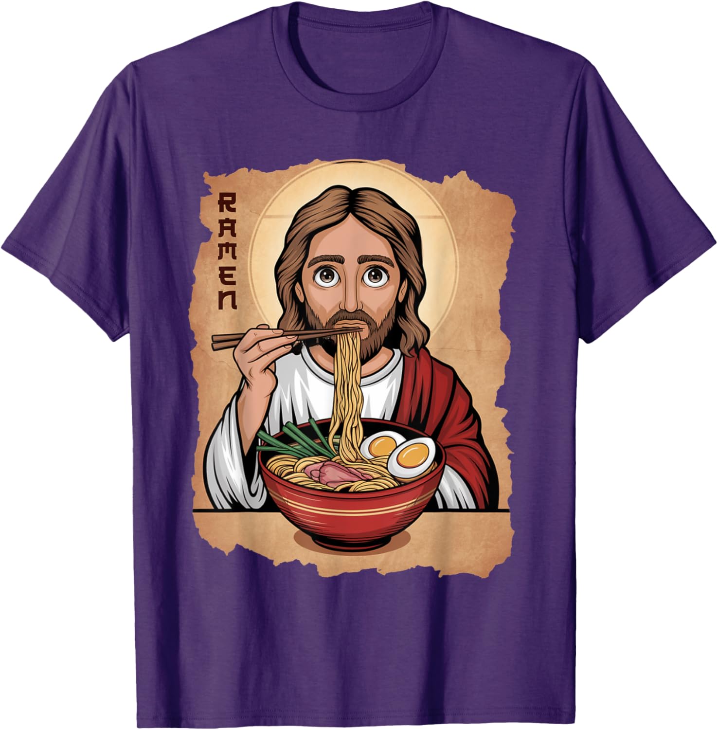 Cute Jesus Eating Ramen Noodles T-Shirt with Ocean Waves Japanese Art - 24
