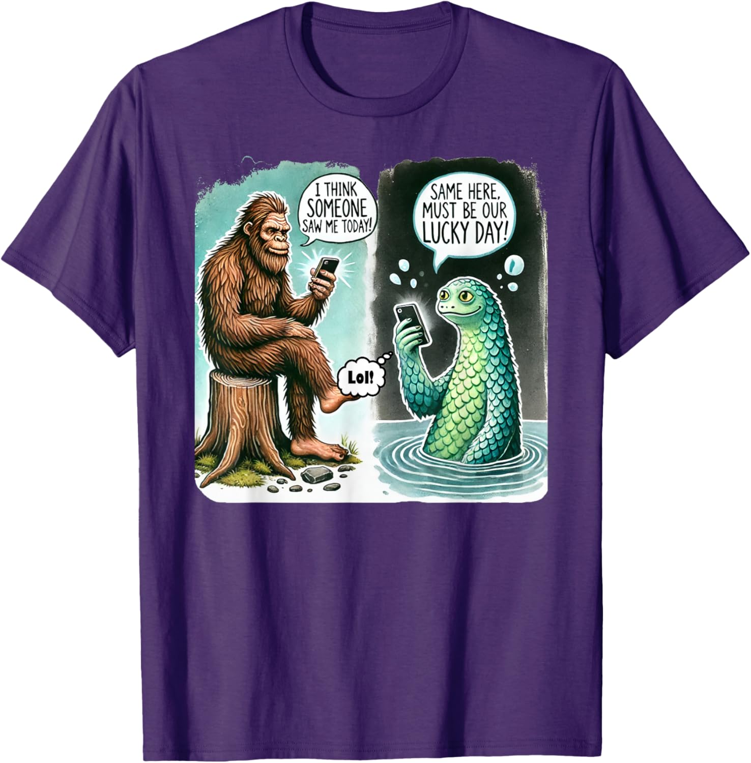 Funny Bigfoot Texting Nessie T-Shirt - I Think Someone Saw Me Today - 14