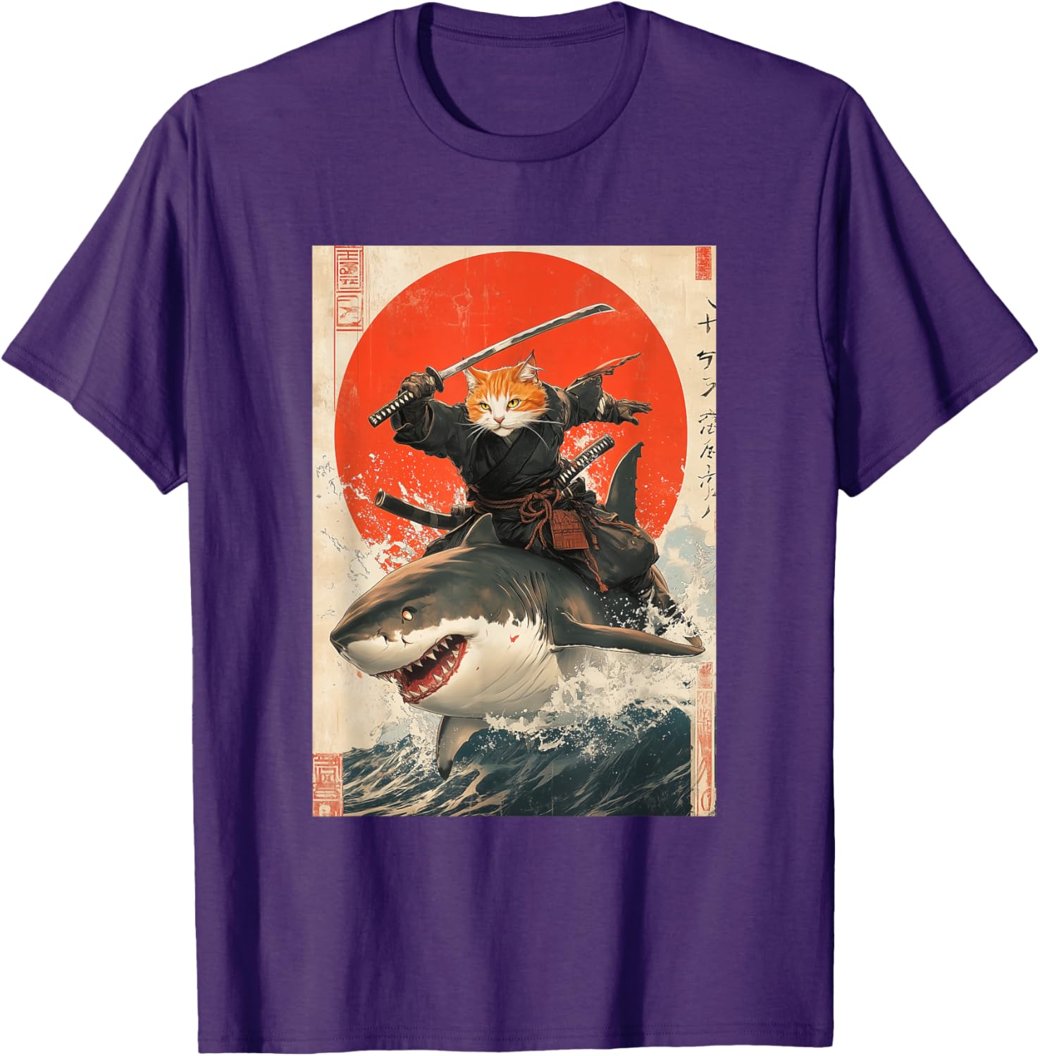 Ninja Cat Riding Shark Graphic Tee Cute Japanese Style T-Shirt for Cat Lovers - 10