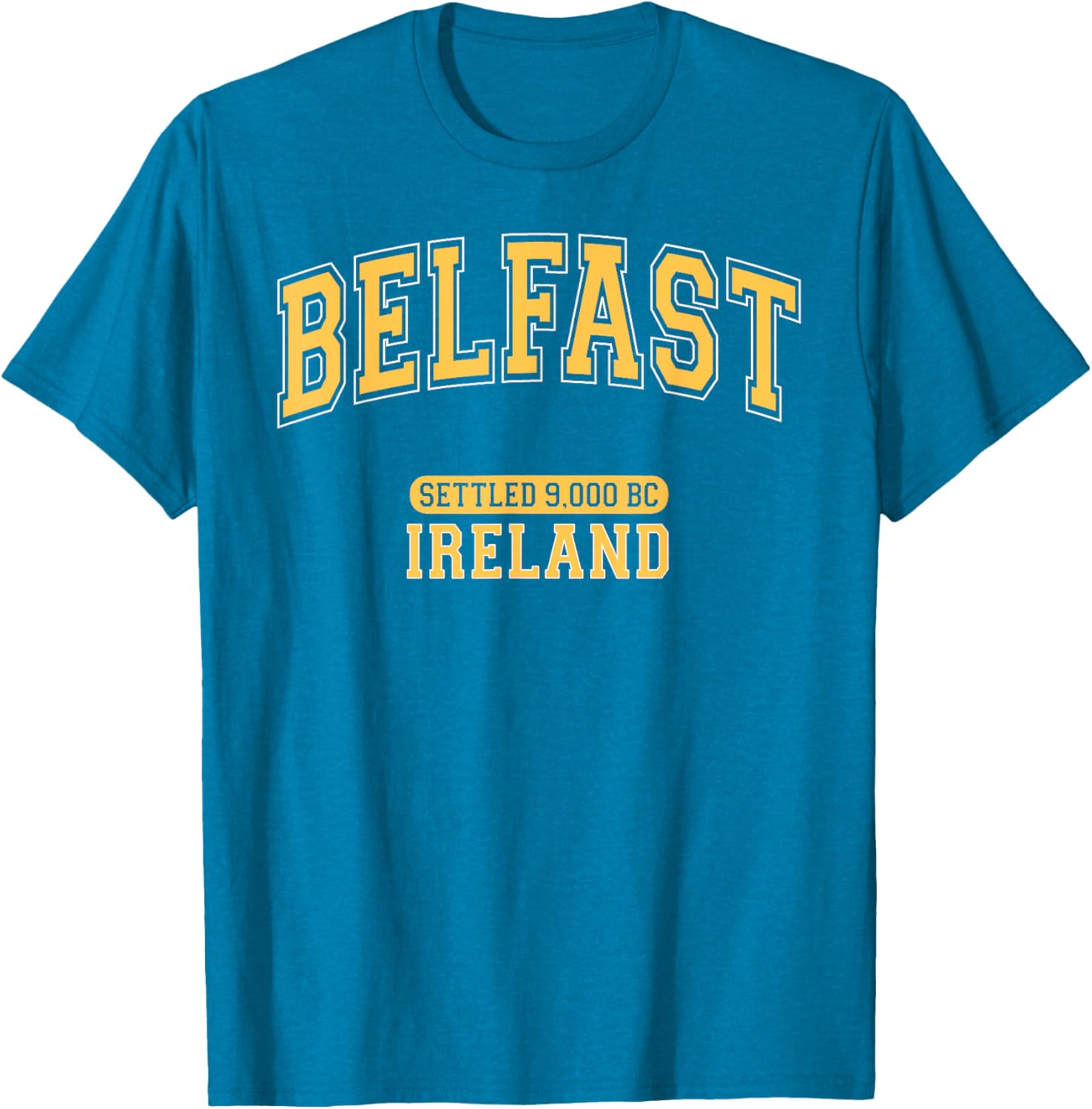 Retro Belfast Ireland 9000 BC Arched Yellow Letters T-Shirt for Trendy Style - 10