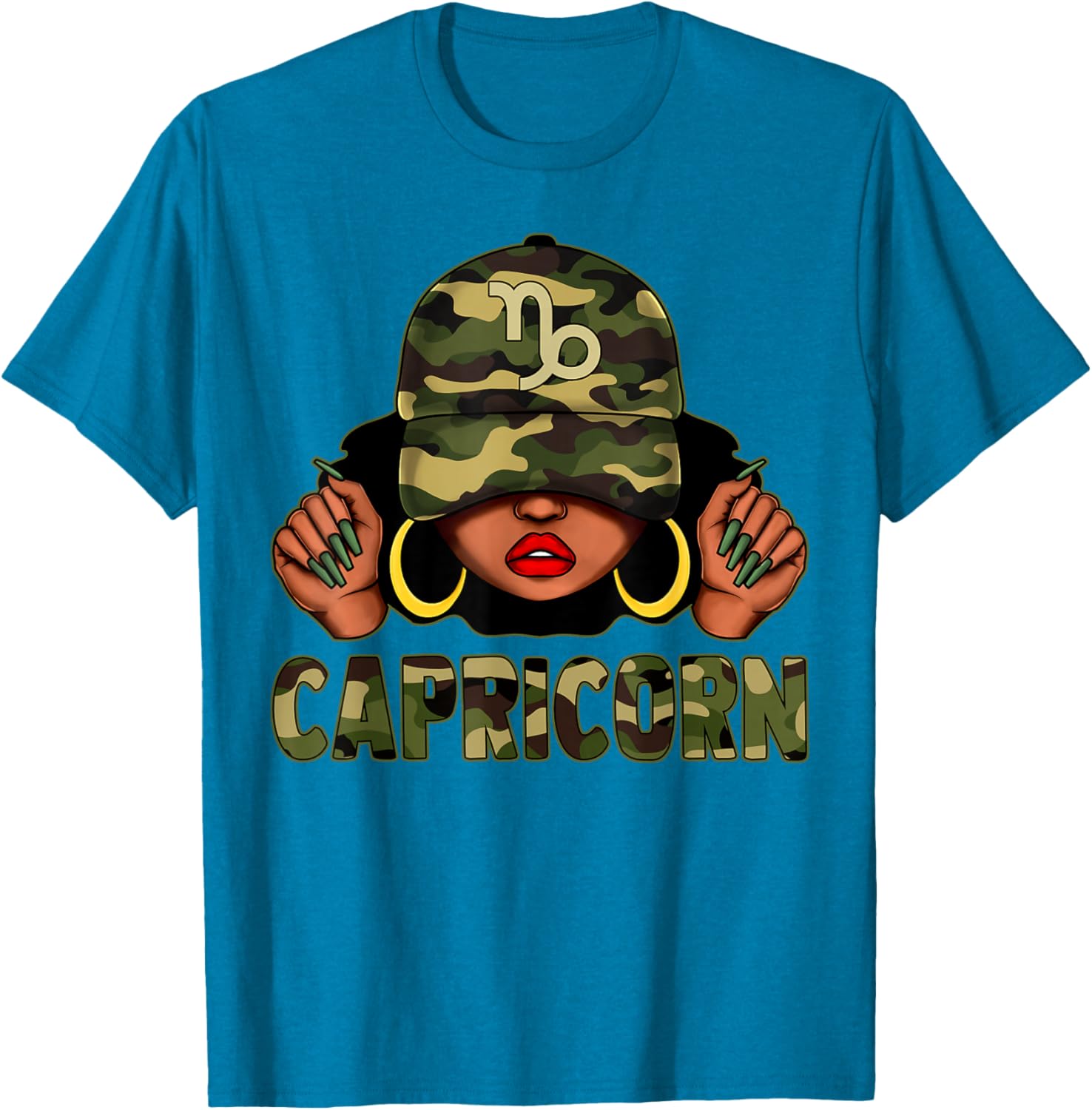 Capricorn Queen Black Woman with Camo Cap Afro Zodiac T-Shirt - 16