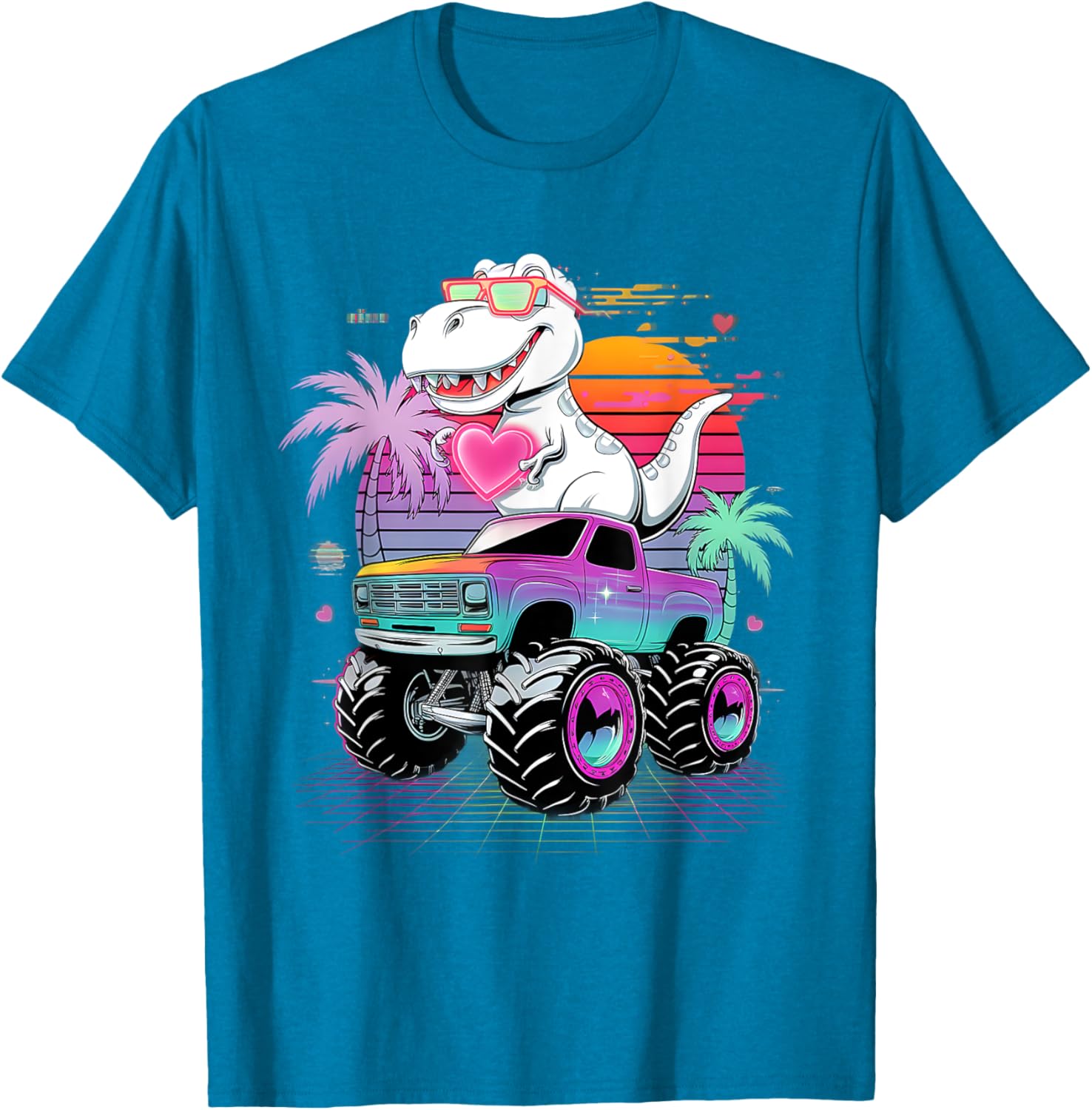 Valentine's Day T-Rex Monster Truck Vaporwave Kids T-Shirt for Boys - 9