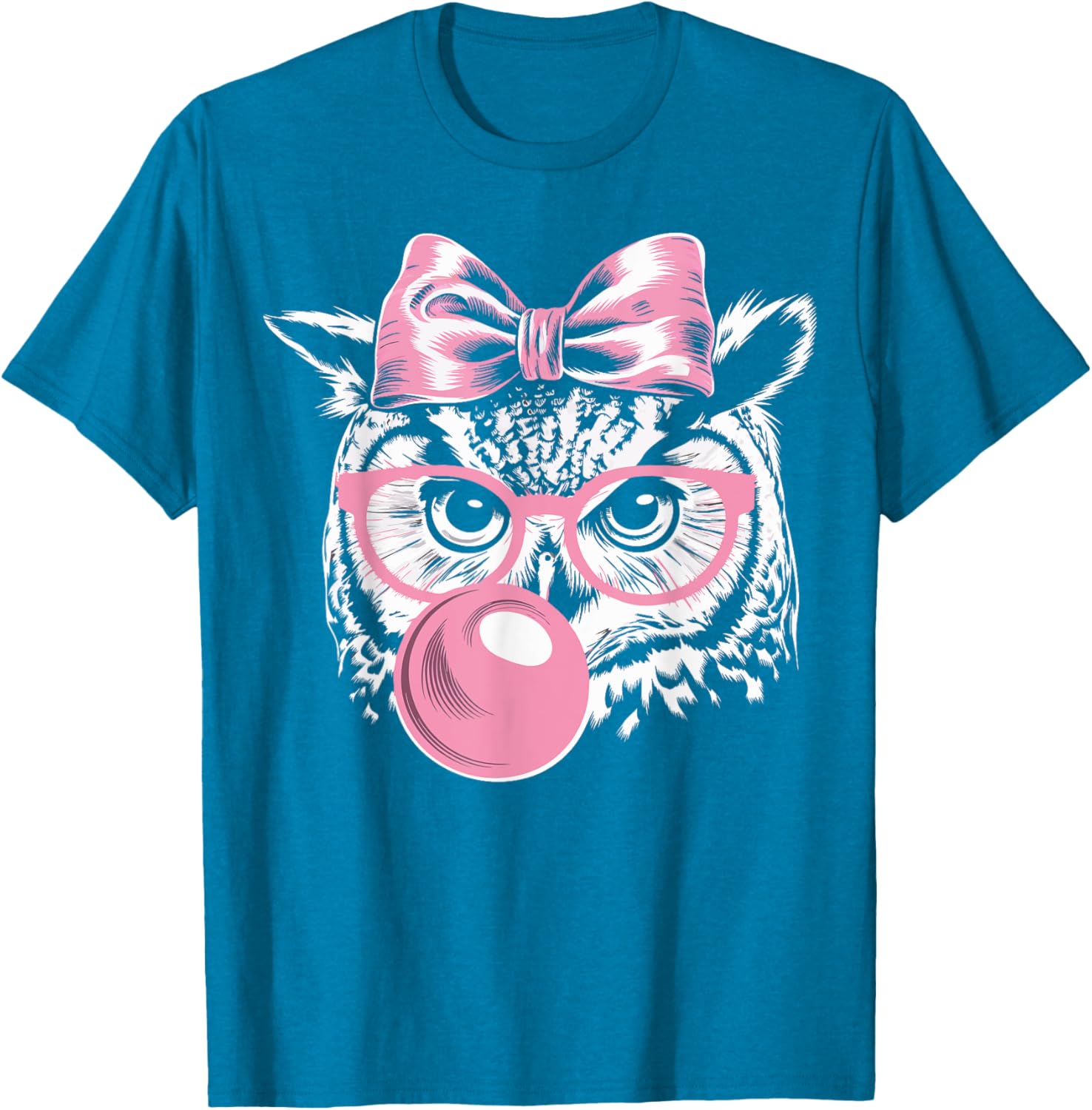 Cute Owl T-Shirt with Glasses Blowing Pink Bubble Gum for Fun Fashion - 12