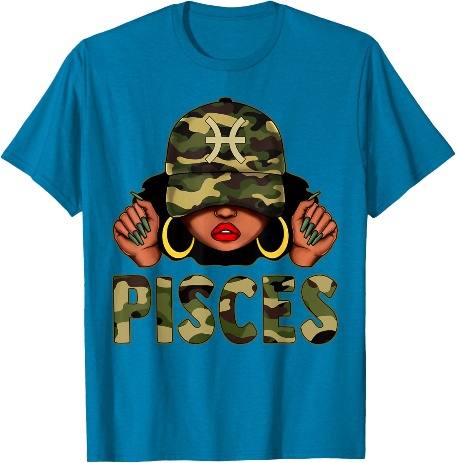 Pisces Queen Camo Cap and Afro Girl Zodiac T-Shirt for Black Women - 19